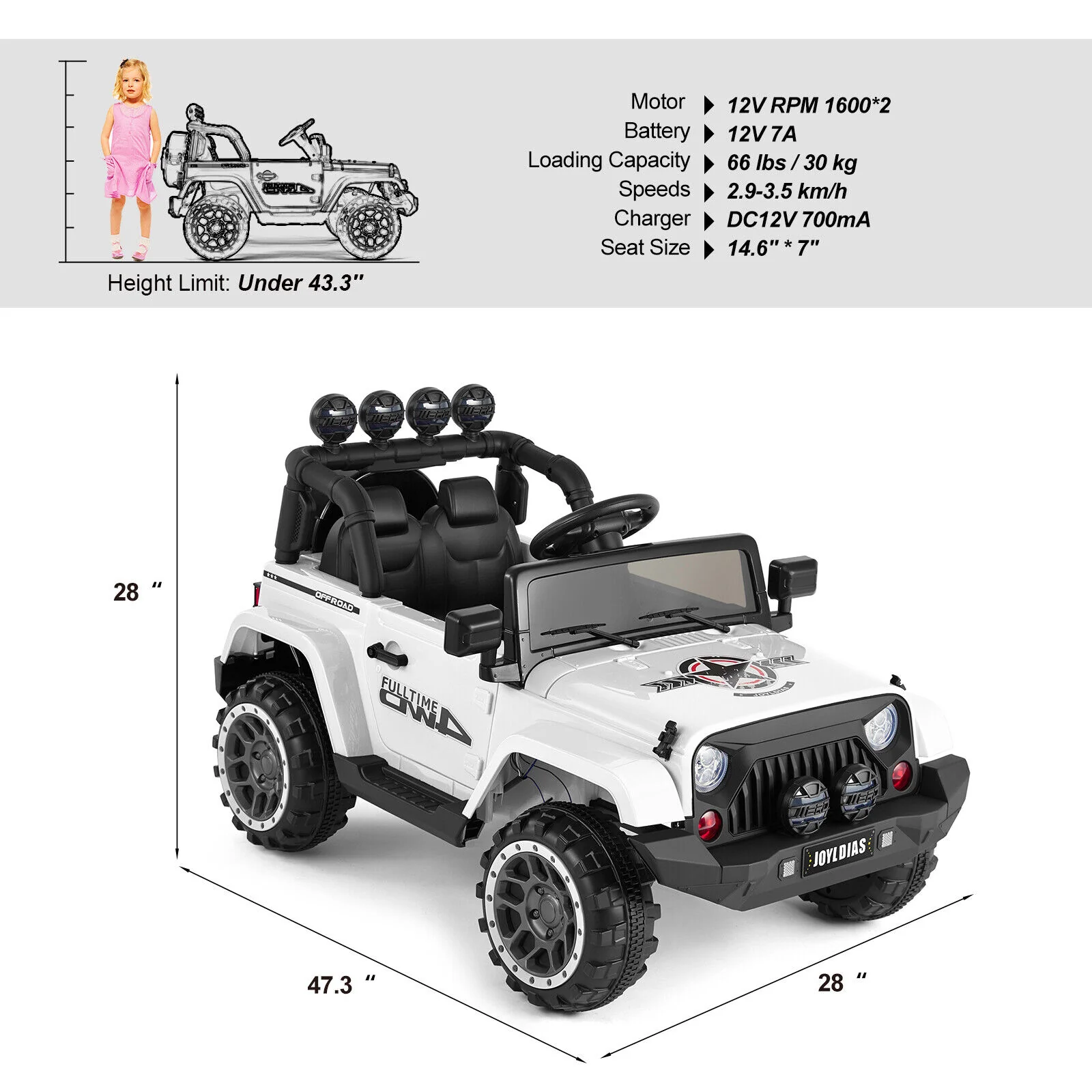 12V Electric Ride On Truck for Kids with Storage, LED Lights, MP3 Player, Bluetooth, and Remote Control - White - Image 3