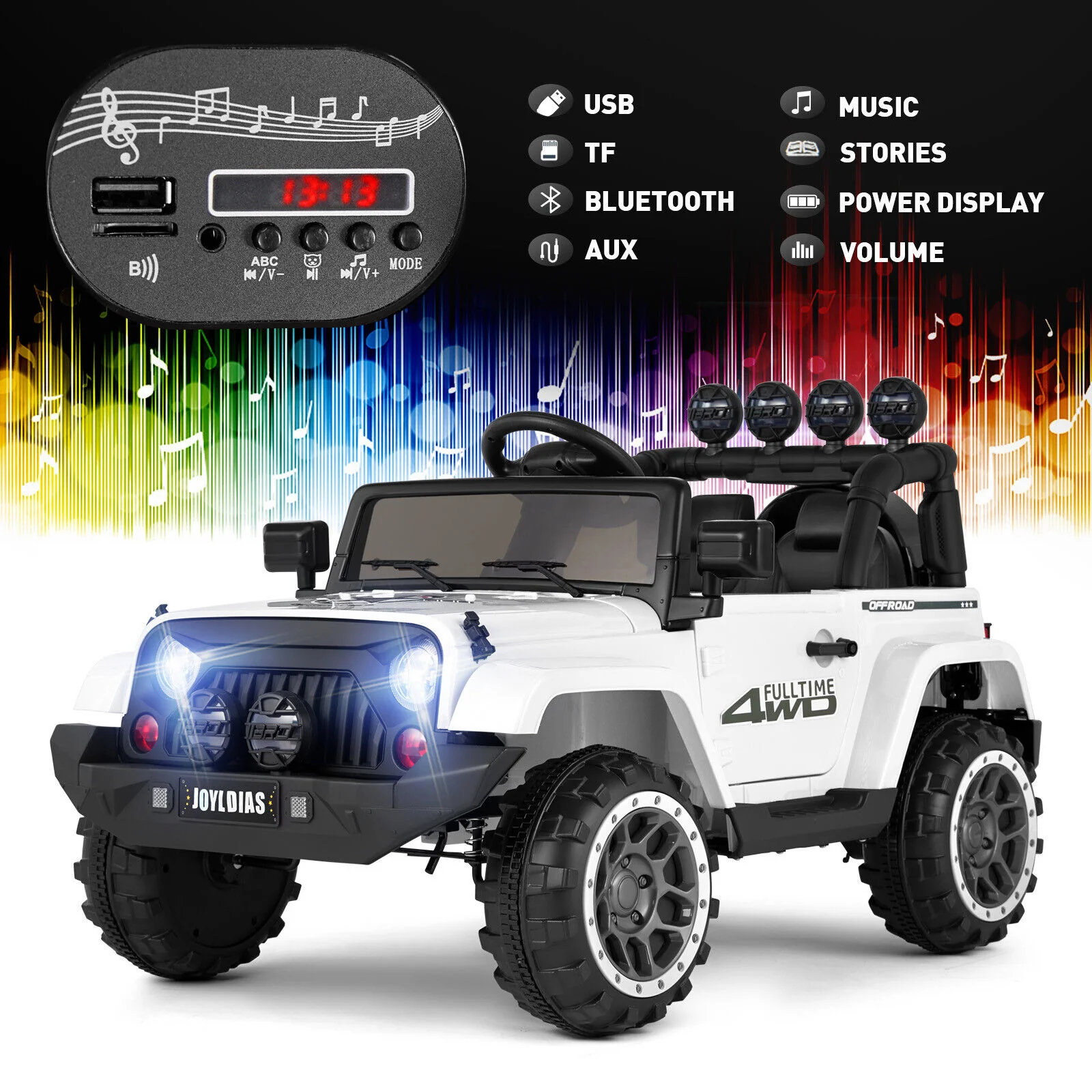 12V Electric Ride On Truck for Kids with Storage, LED Lights, MP3 Player, Bluetooth, and Remote Control - White - Image 4