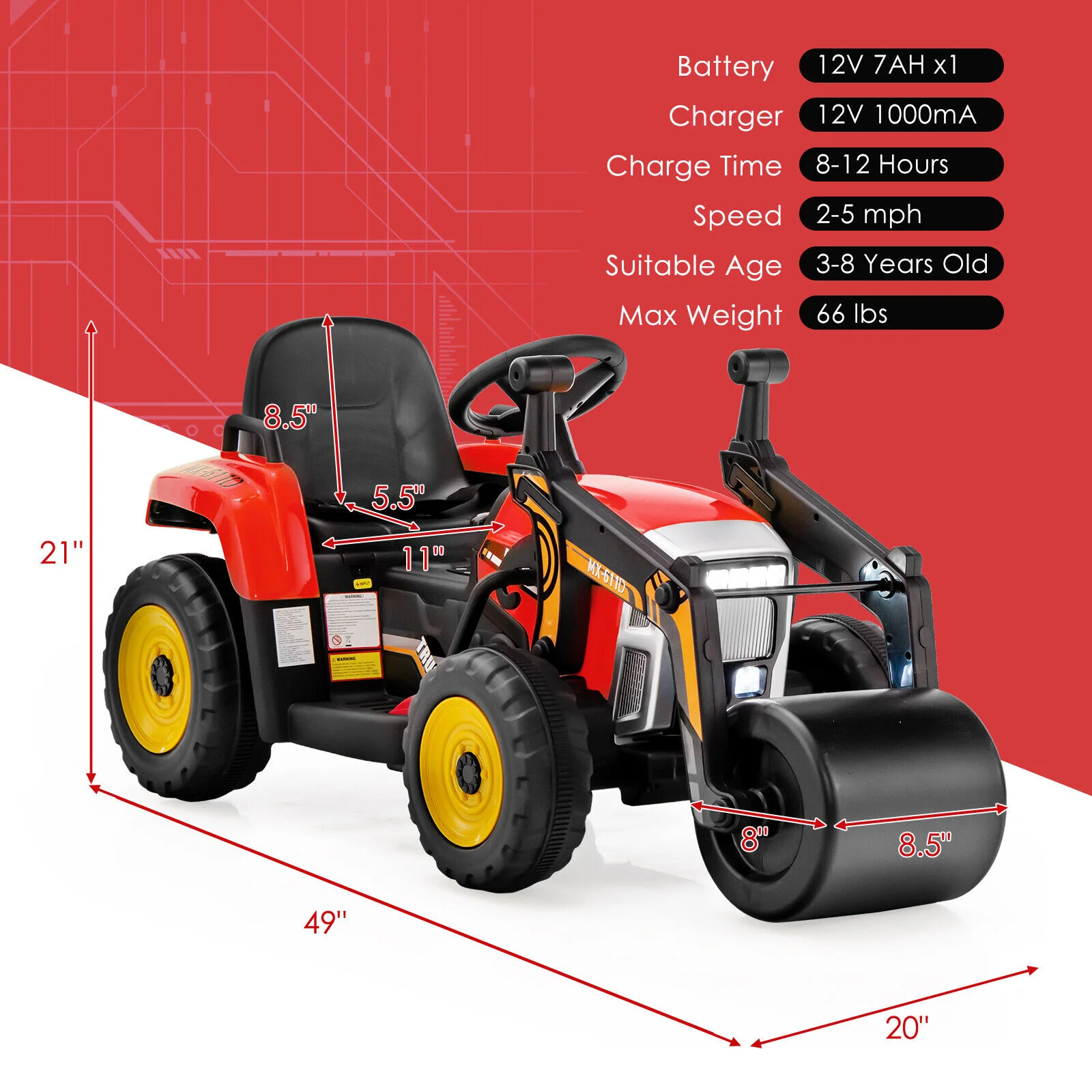 12V Electric Tractor for Kids with Remote Control, LED Lights, and Music - Red - Image 2