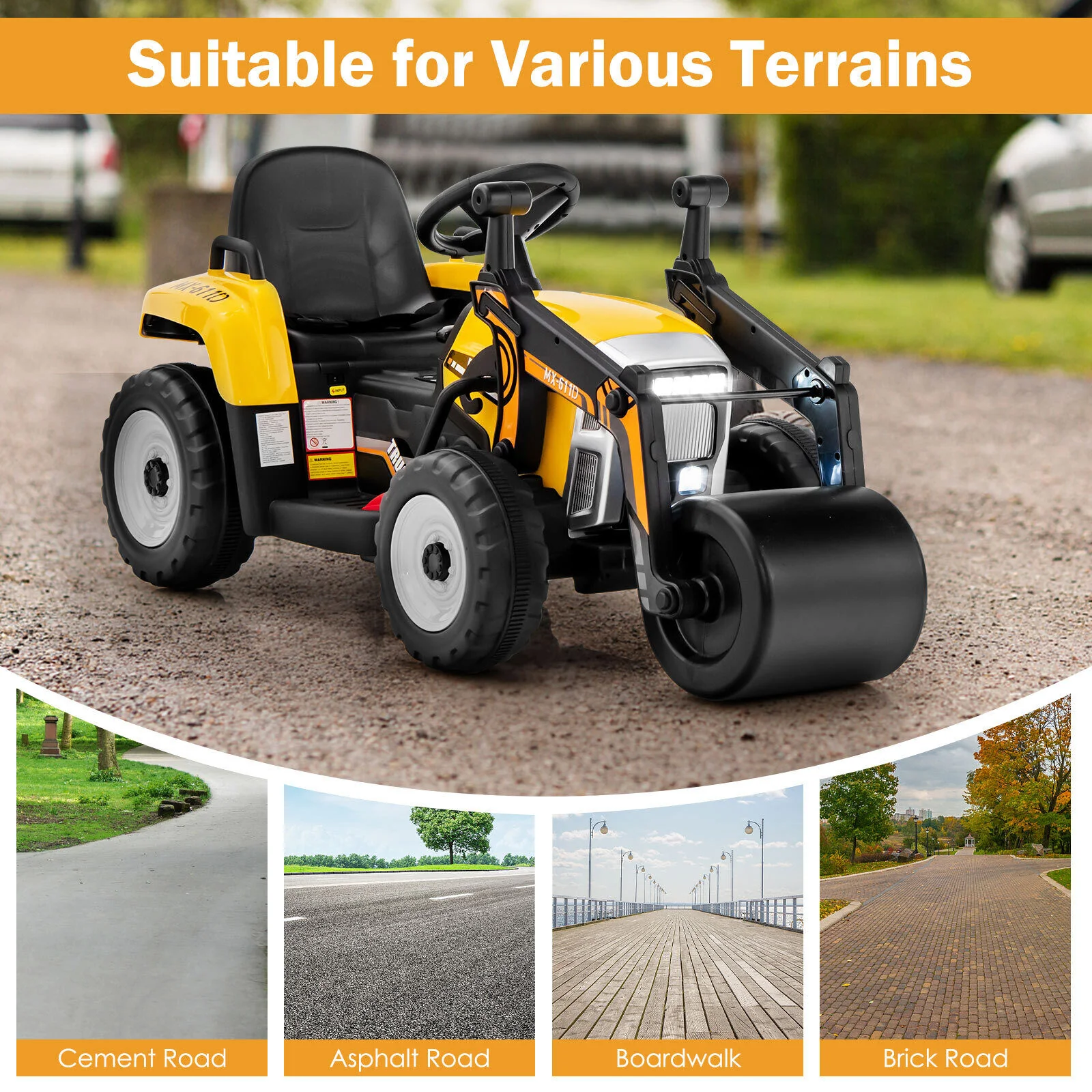 12V Electric Tractor for Kids with Remote Control, Music, and LED Lights - Yellow - Image 8