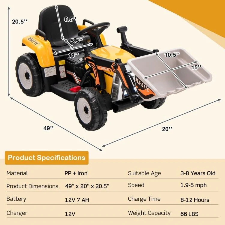 12V Electric Tractor RC Excavator Digger with Digging Bucket for Kids - Yellow - Image 5