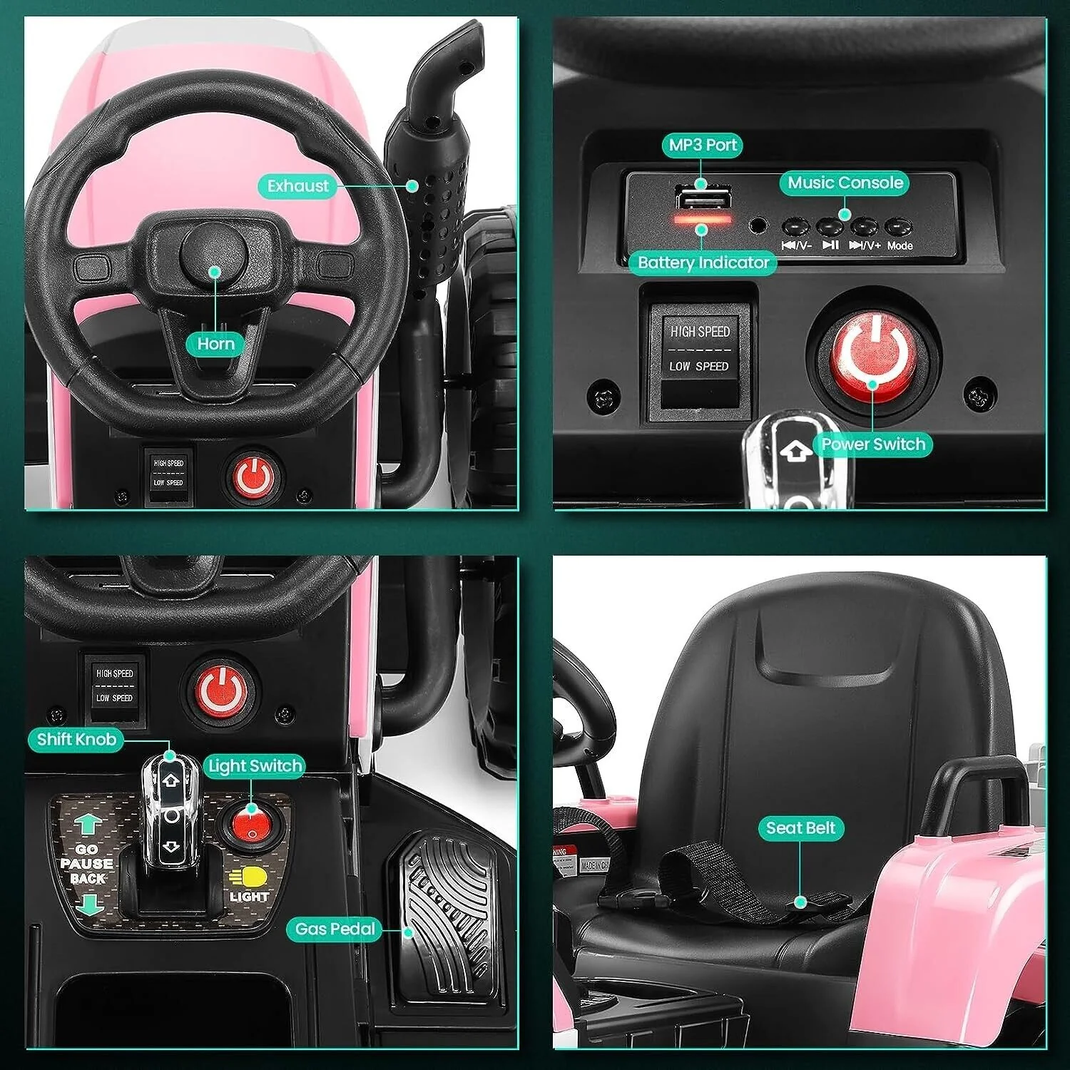 12V Electric Tractor Ride-On Toy Car with Trailer for Kids - Pink - Image 8
