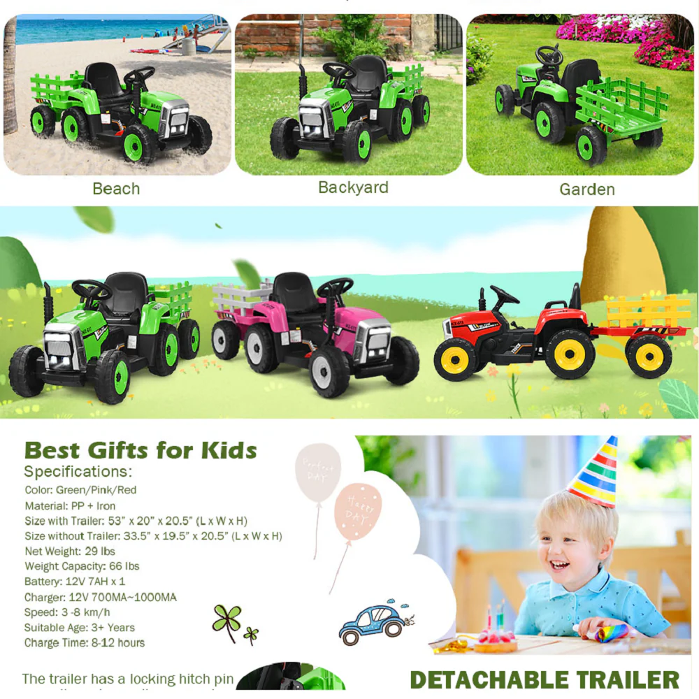 12V Electric Tractor with Trailer - Remote Control Ride On Car for Toddlers - Image 10