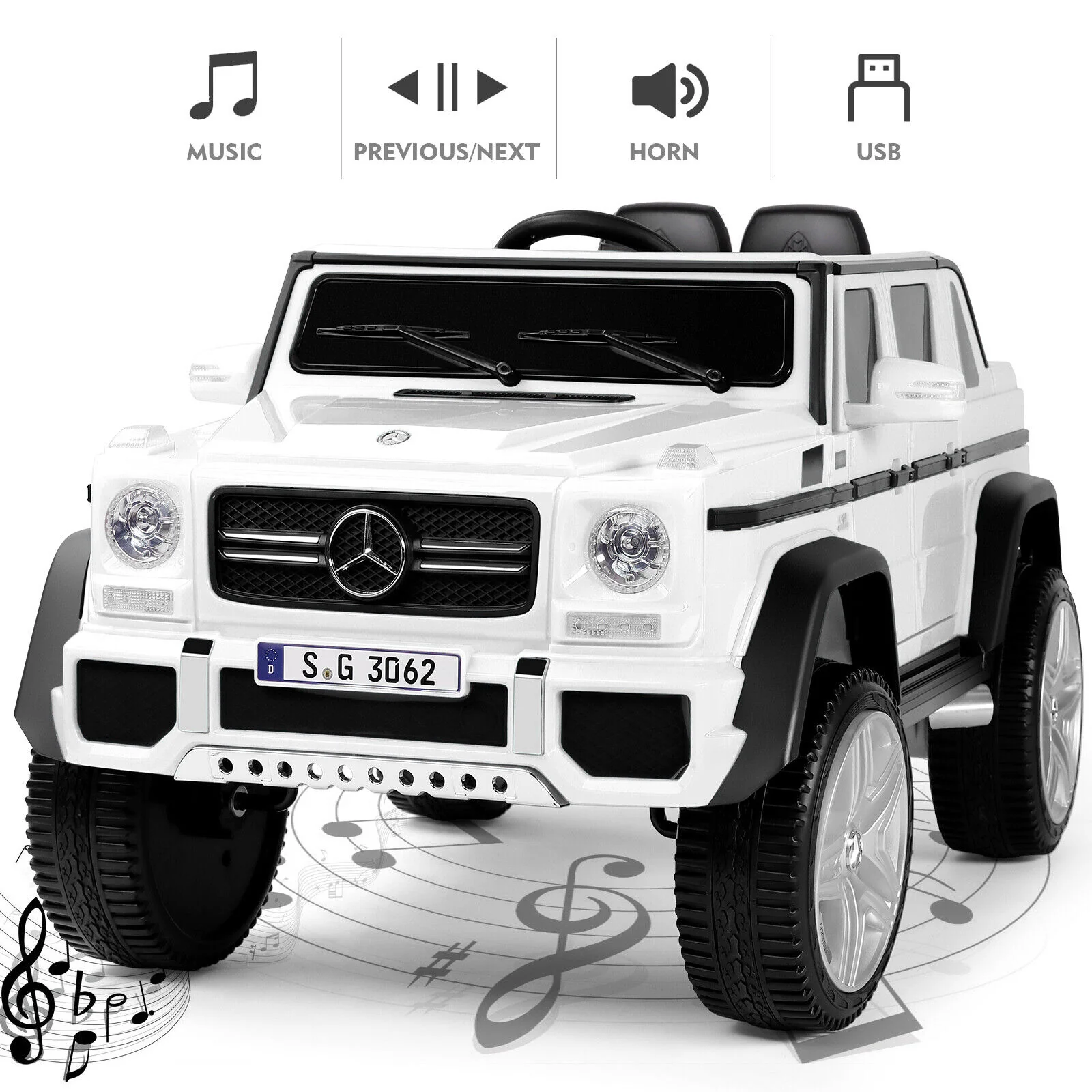 12V Electric White Mercedes-Benz Ride On Car with LED Lights, MP3 Player, and Remote Control for Kids - Image 8