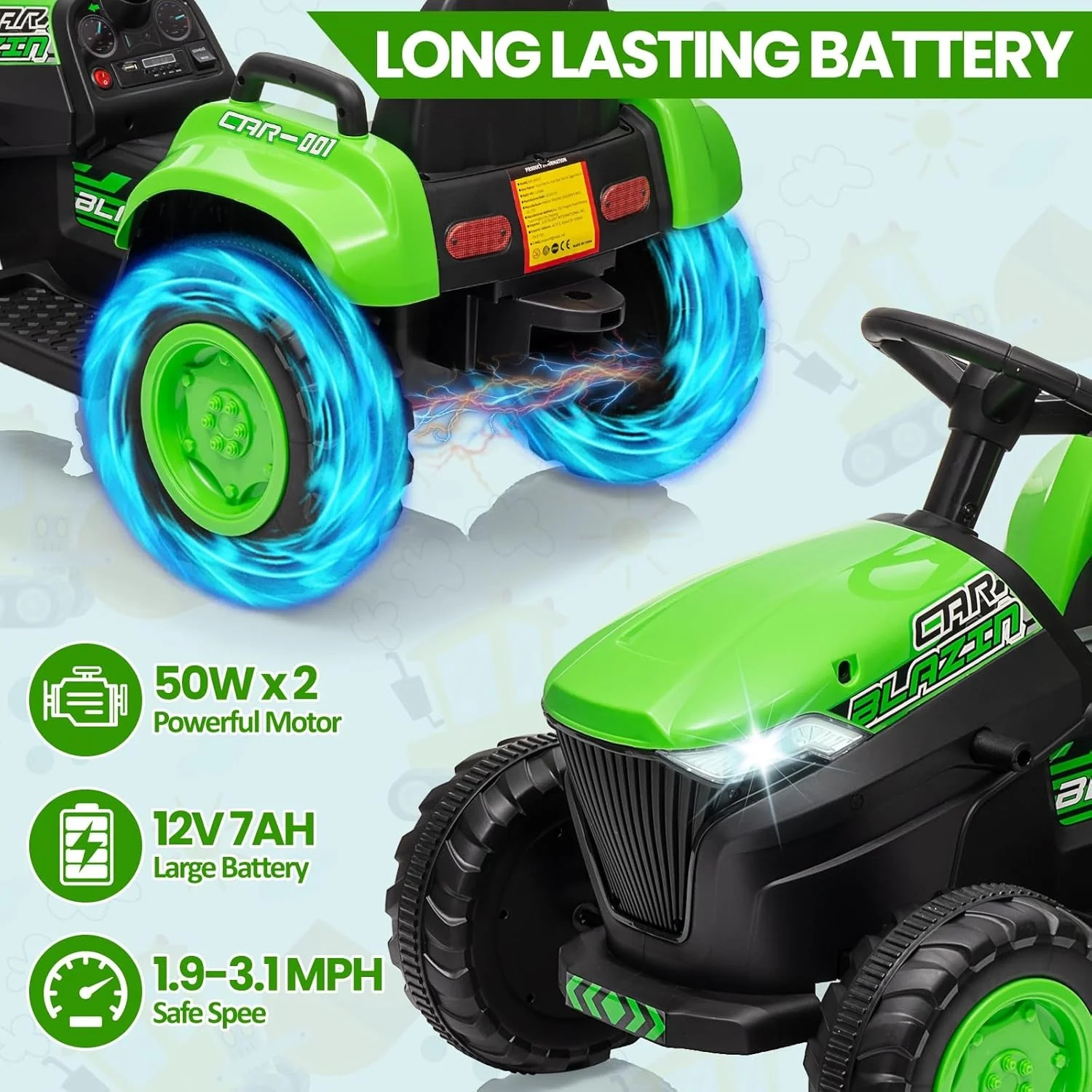 12V Remote Control 3-in-1 Ride-On Excavator Tractor Trailer Dozer Toy with Bucket - Image 3
