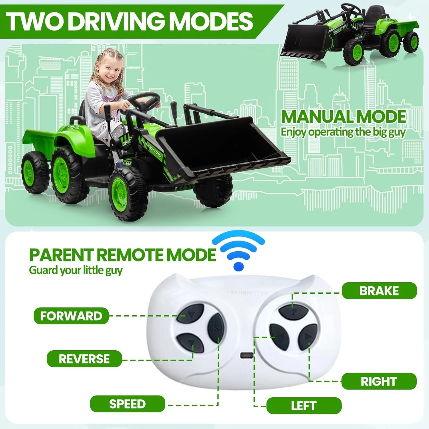 12V Remote Control 3-in-1 Ride-On Excavator Tractor Trailer Dozer Toy with Bucket - Image 5