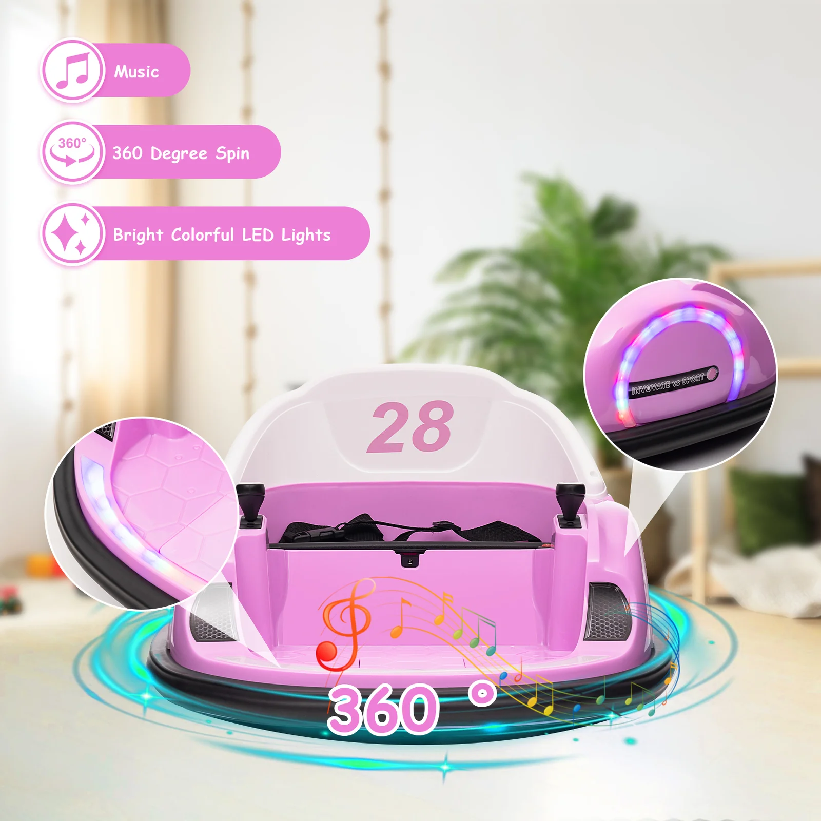 12V Kids Bumper Car with Remote Control, Battery Display, 360-Degree Spin, LED Lights, and Music - Image 5