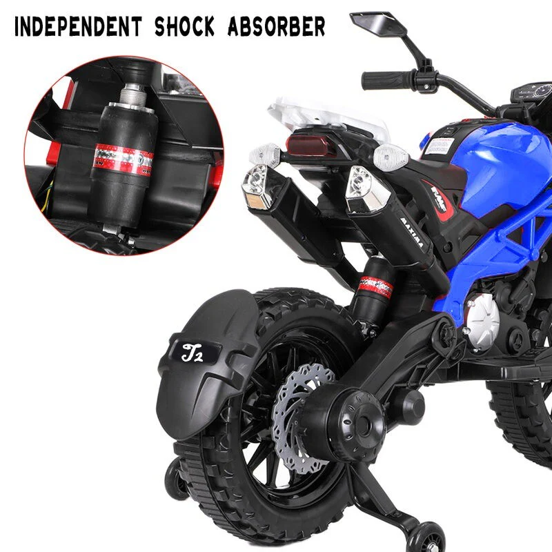 12V Kids Ride-On Motorcycle Toy with Training Wheels 1.8-3.2mph for Ages 3-6 Blue - Image 5
