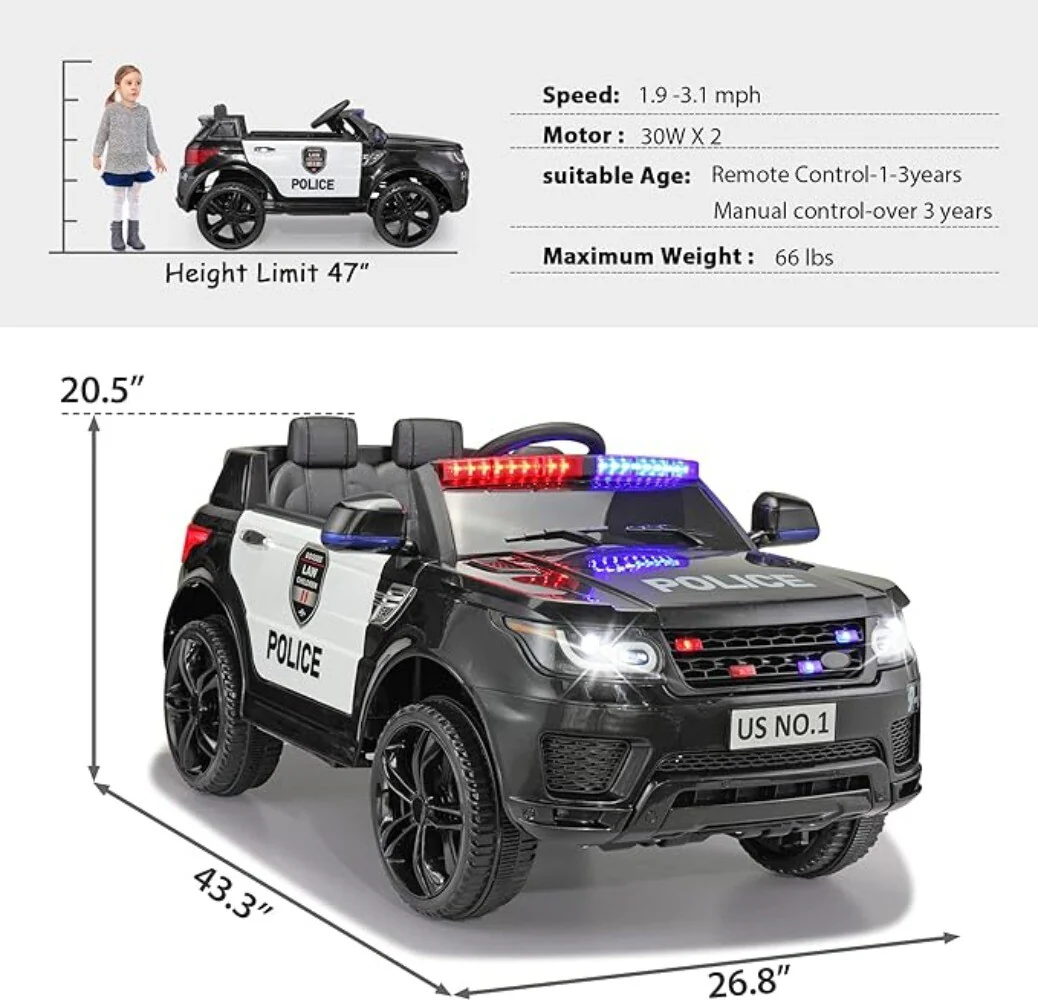 12V Electric Police Ride-On Car for Kids with Parental Remote Control and Battery Powered - Image 2