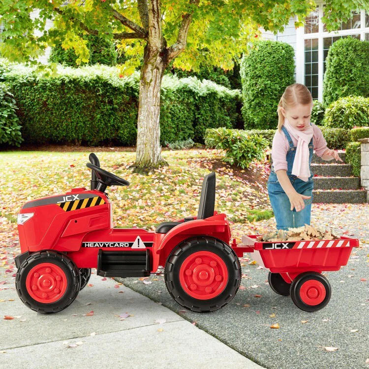 12V Red Toddler Ride-On Tractor Toy with Trailer and Remote Control - Image 13