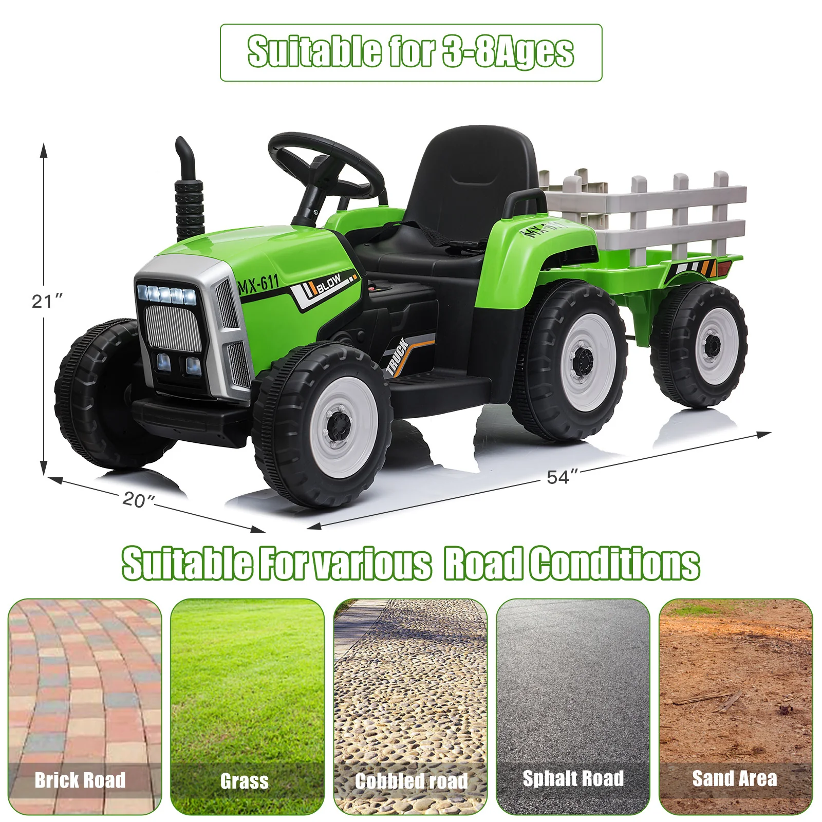 12V Electric Ride-On Tractor with Trailer Battery-Powered Kids Toy Car Gift for Christmas - Image 10