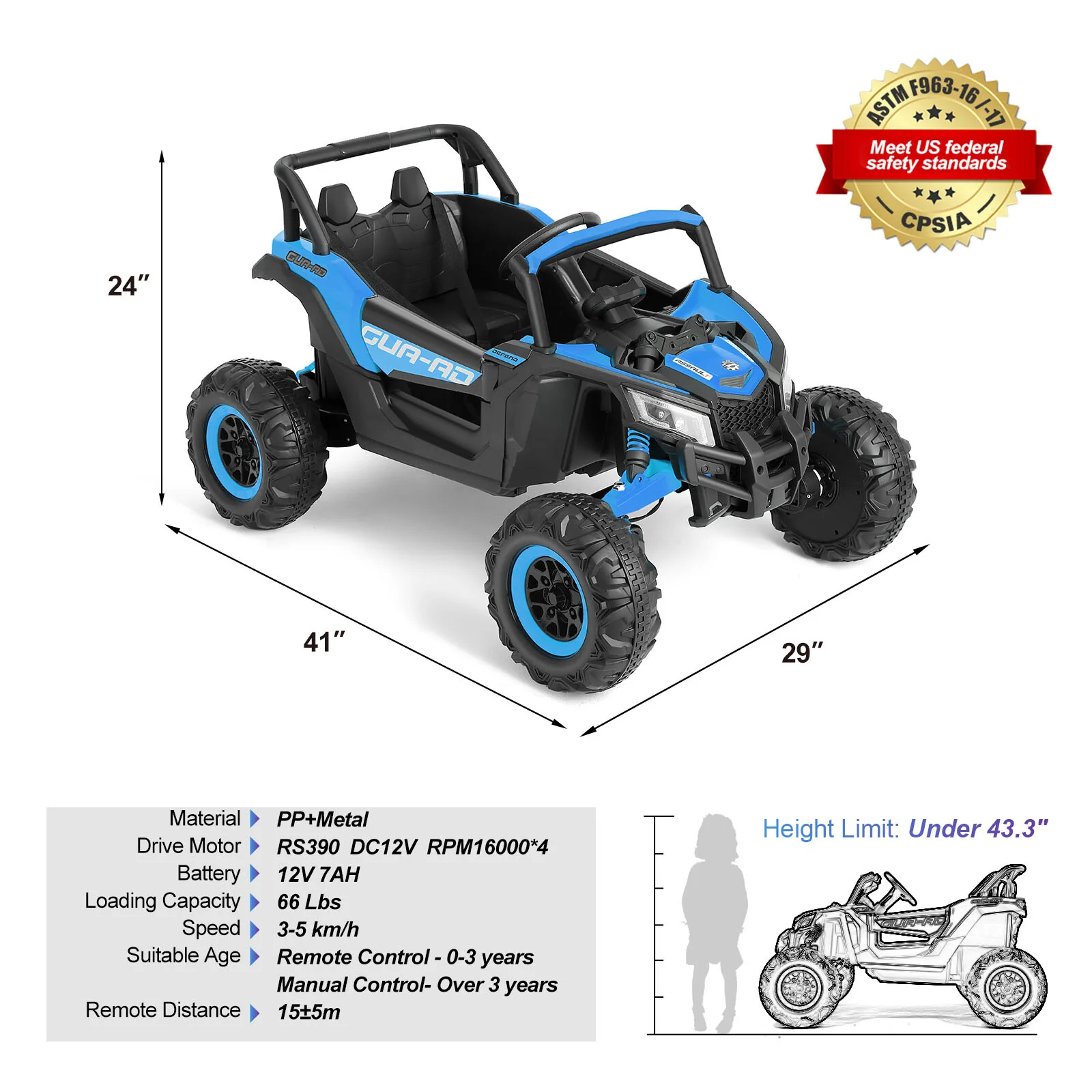 12V Blue Kids Electric Off-Road Ride-On UTV Vehicle with Music, LED Lights, and Remote Control - Image 2