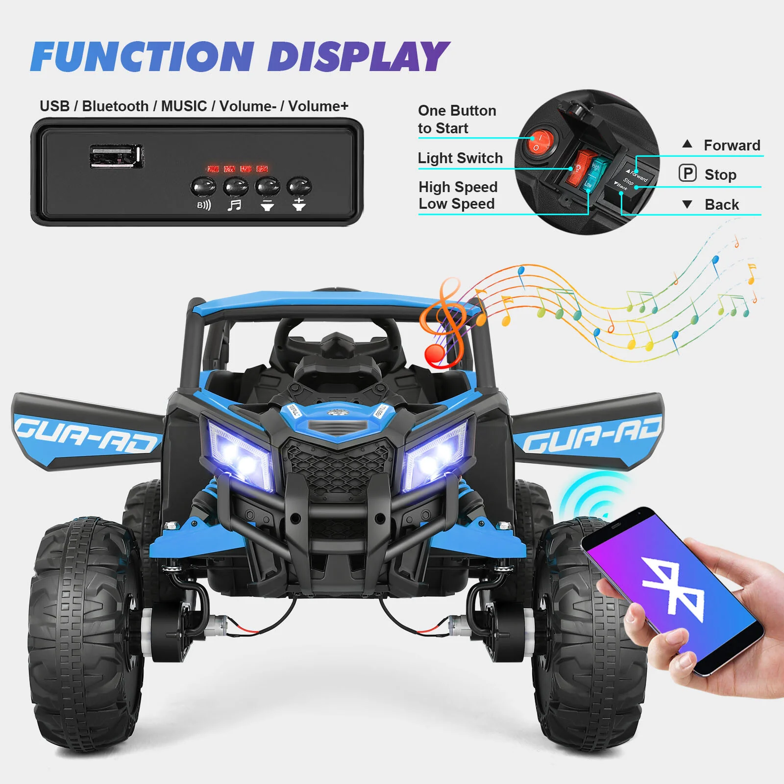 12V Blue Kids Electric Off-Road Ride-On UTV Vehicle with Music, LED Lights, and Remote Control - Image 3