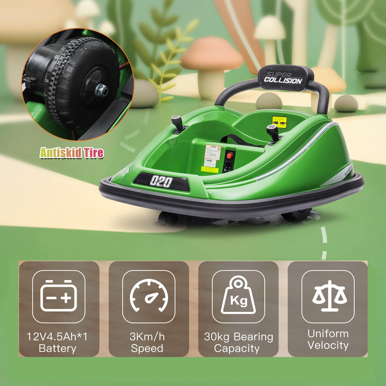 12V Twin Kids Bumper Car with Motor, Parent Remote Control, Lights, and 360° Rotation in Green