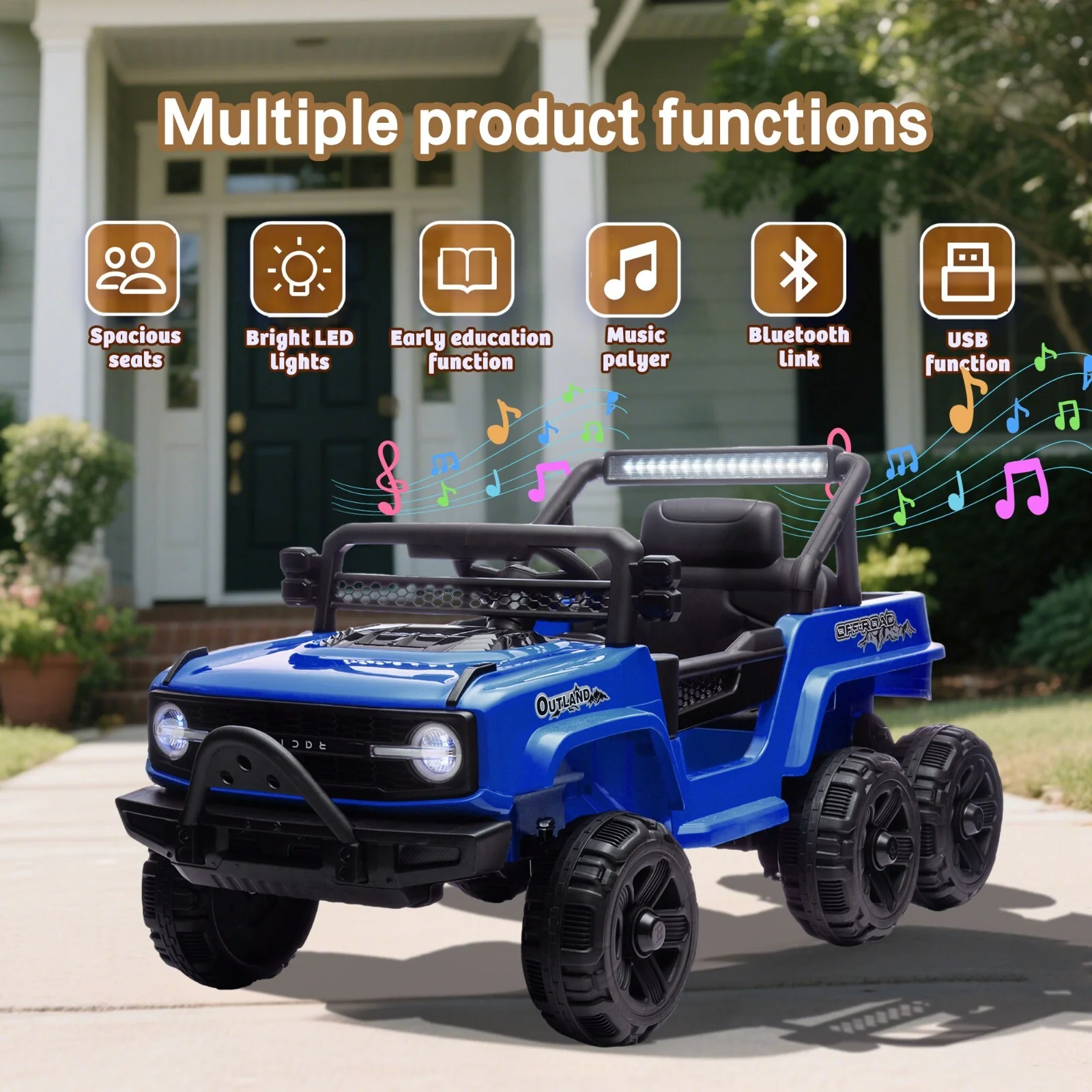 12V Kids 6-Wheel Electric Ride-On Jeep Truck with Remote, LED Lights, and Bluetooth - Blue - Image 4