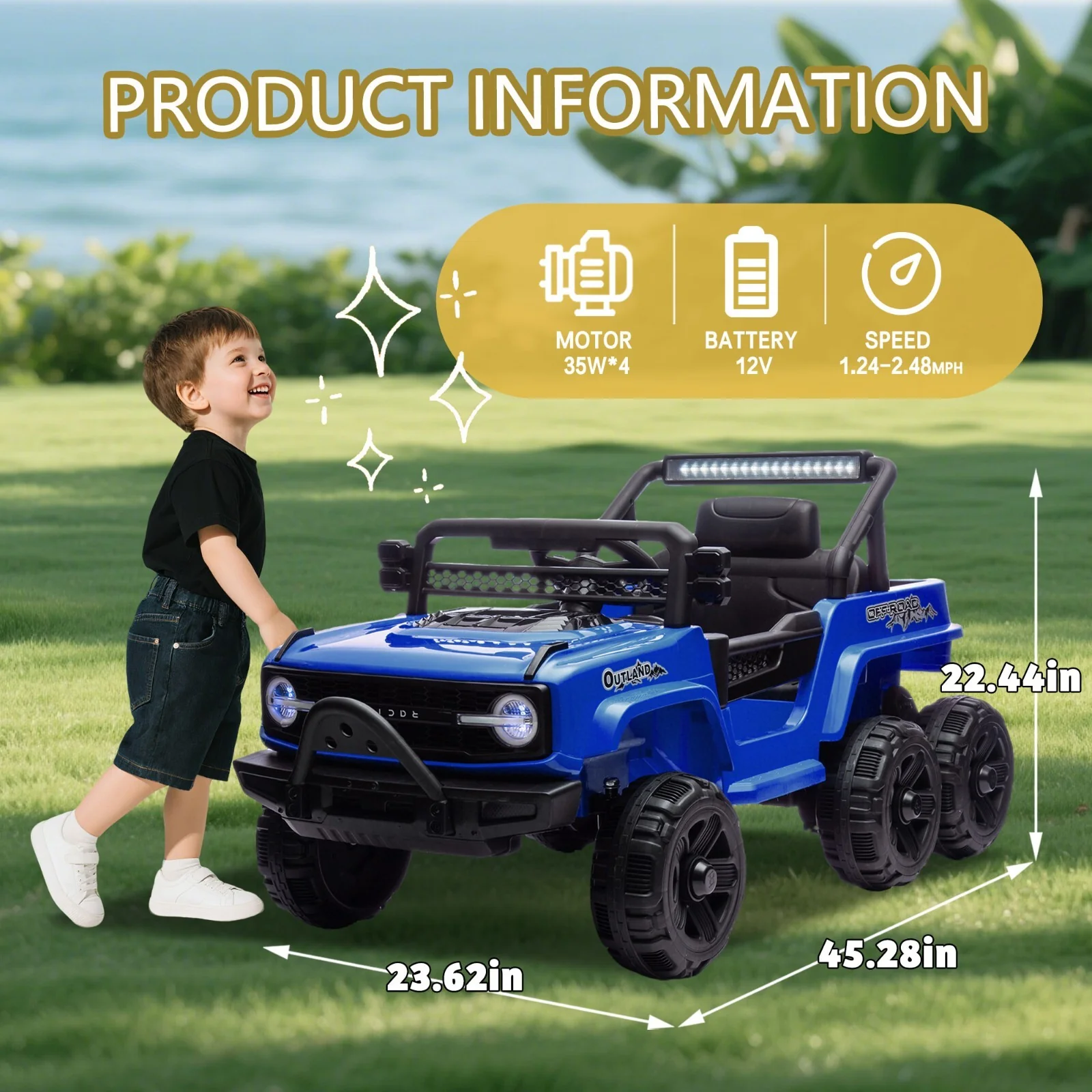 12V Kids 6-Wheel Electric Ride-On Jeep Truck with Remote, LED Lights, and Bluetooth - Blue - Image 5