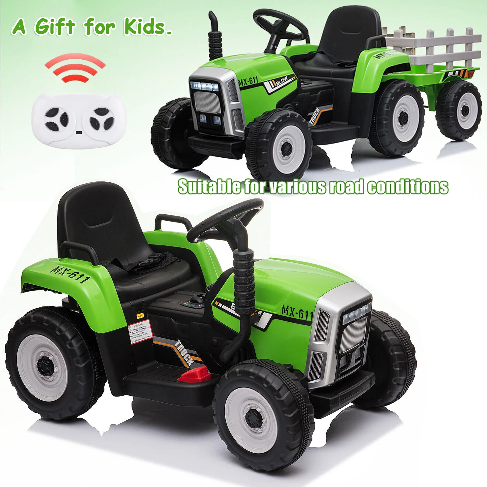 12V Battery-Powered Kids Electric Ride-On Tractor Toy with Trailer and Remote Control