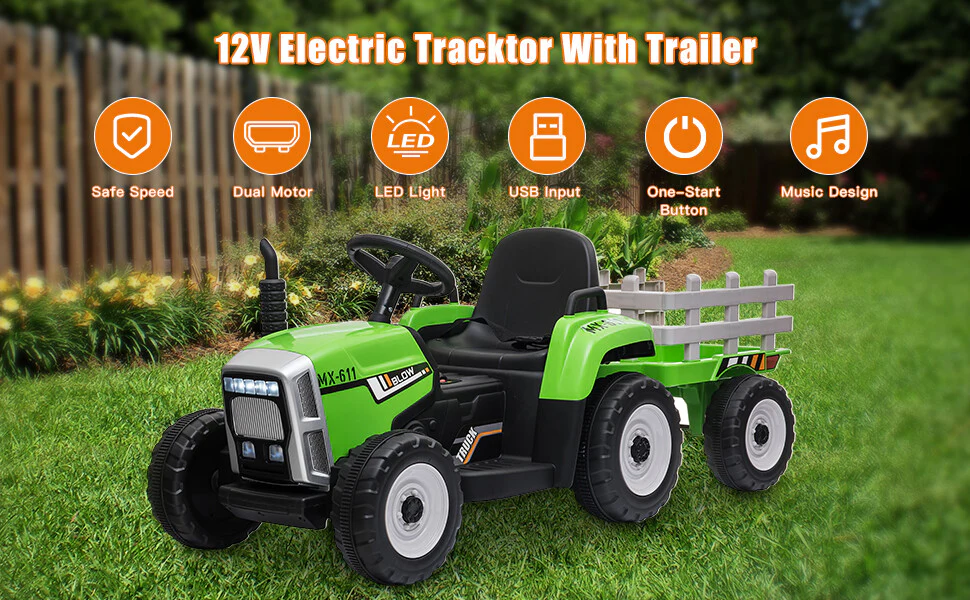 12V Battery-Powered Kids Electric Ride-On Tractor Toy with Trailer and Remote Control - Image 15