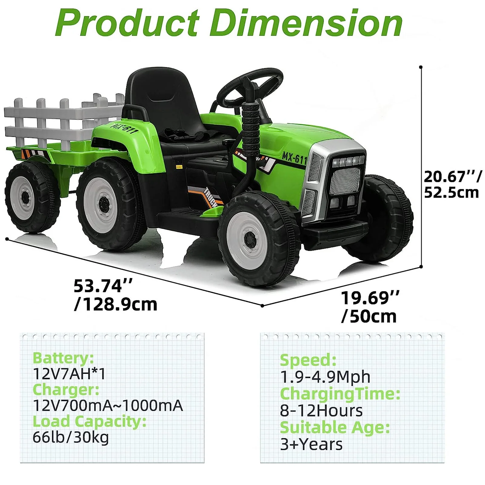 12V Battery-Powered Kids Electric Ride-On Tractor Toy with Trailer and Remote Control - Image 11