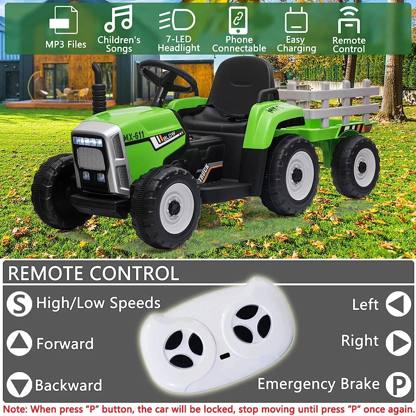 12V Battery-Powered Kids Electric Ride-On Tractor Toy with Trailer and Remote Control - Image 4