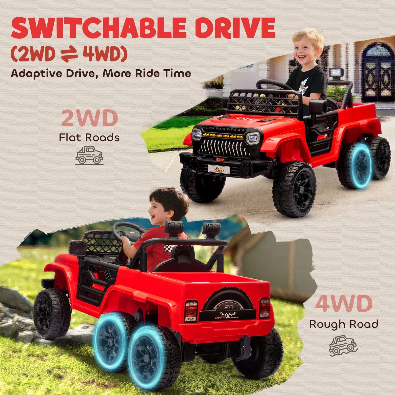 12V Kids Electric Ride-On Car with Switchable 2WD/4WD and Remote Control, Red - Image 5