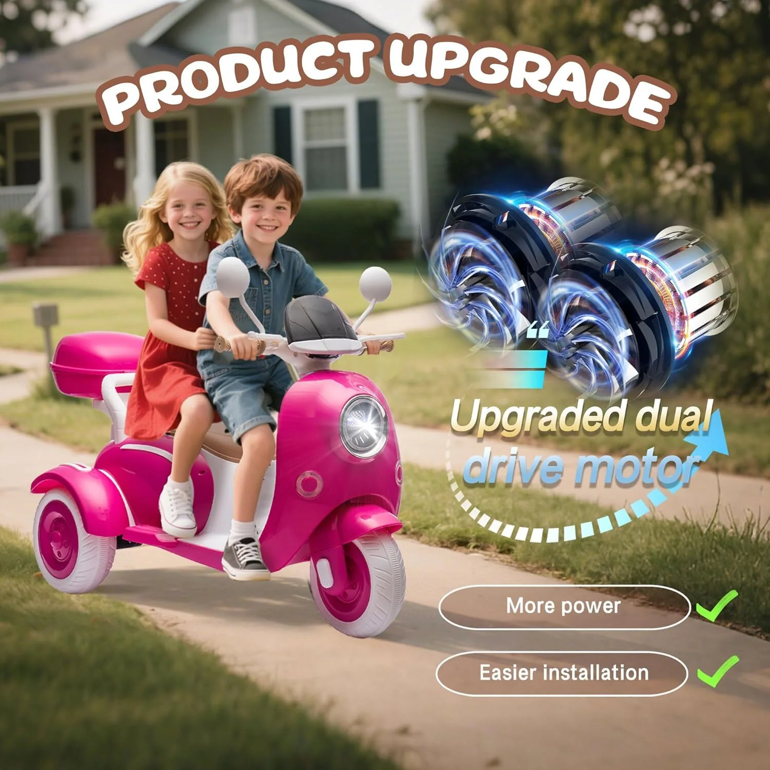 12V Kids Electric 3-Wheel Ride-On Motorcycle Scooter with Dual Motors and 2-Seater Design with LED Lights - Image 3