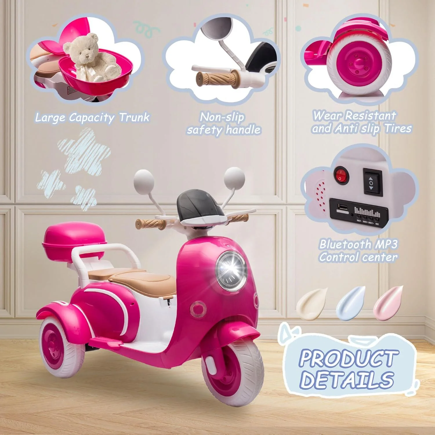 12V Kids Electric 3-Wheel Ride-On Motorcycle Scooter with Dual Motors and 2-Seater Design with LED Lights - Image 8