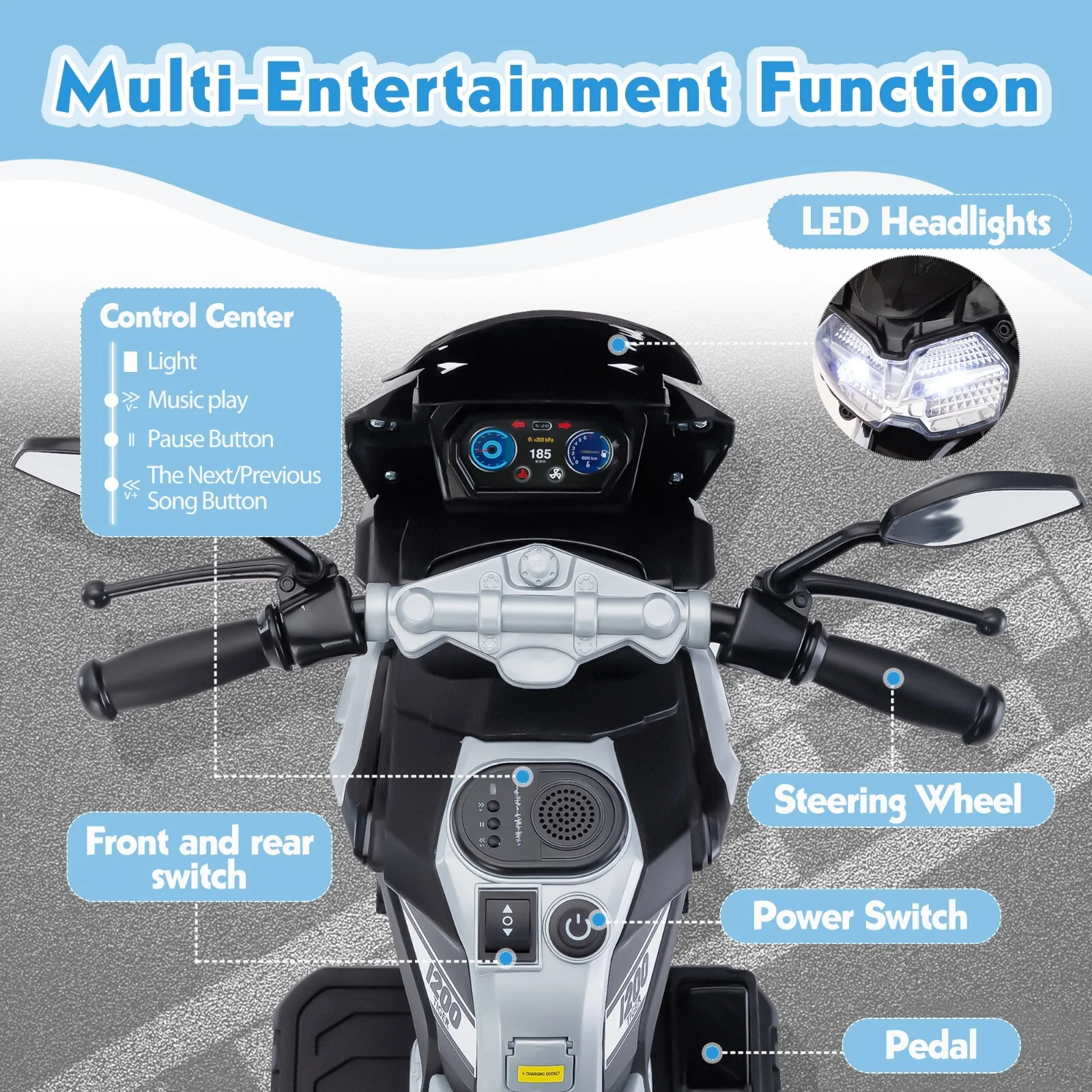 12V Battery-Powered Kids Electric Ride-On Motorcycle with Music - Image 3