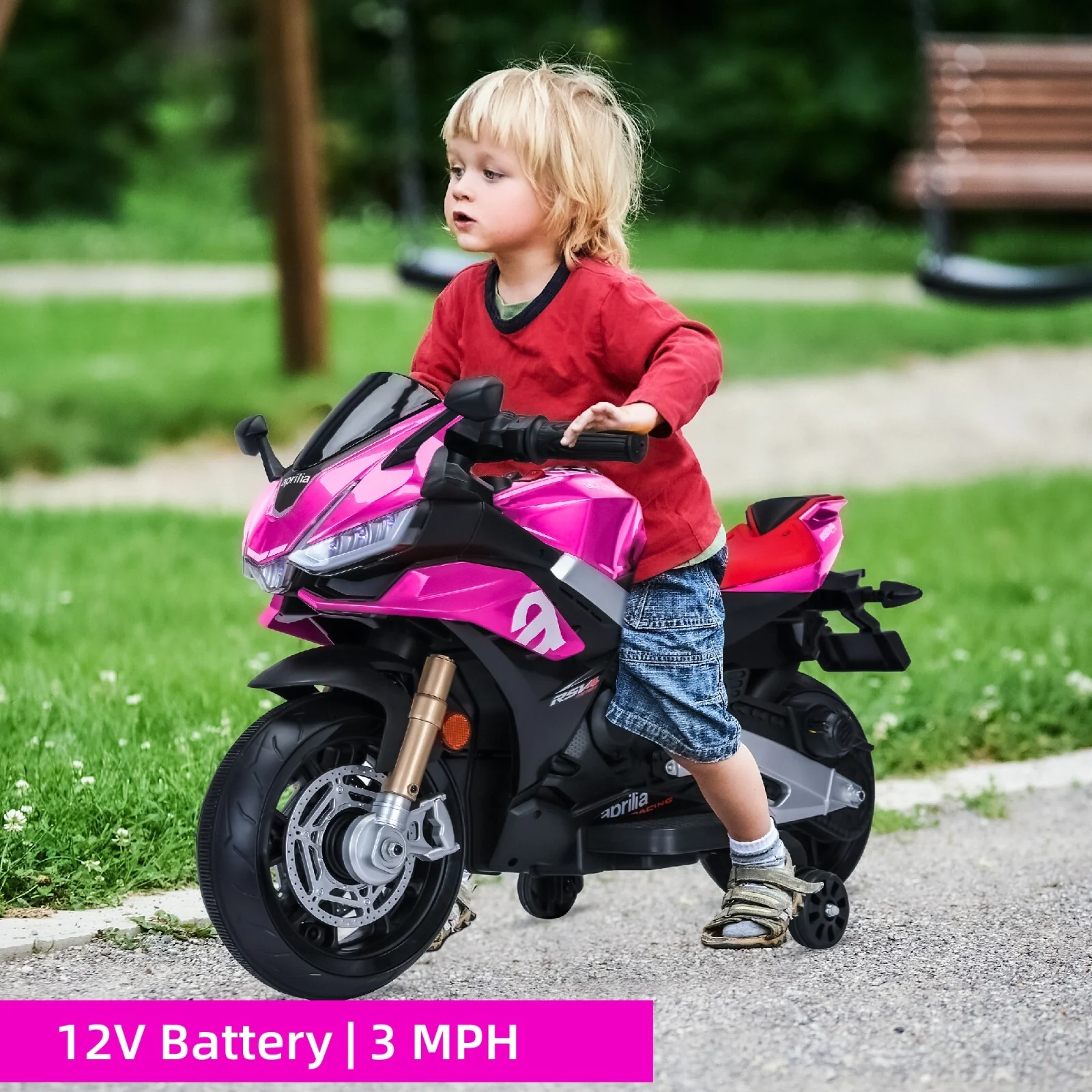 12V Kids Electric Ride-On Motorcycle Toy with Bluetooth Music, Auxiliary Wheels, and LED Lights - Image 3