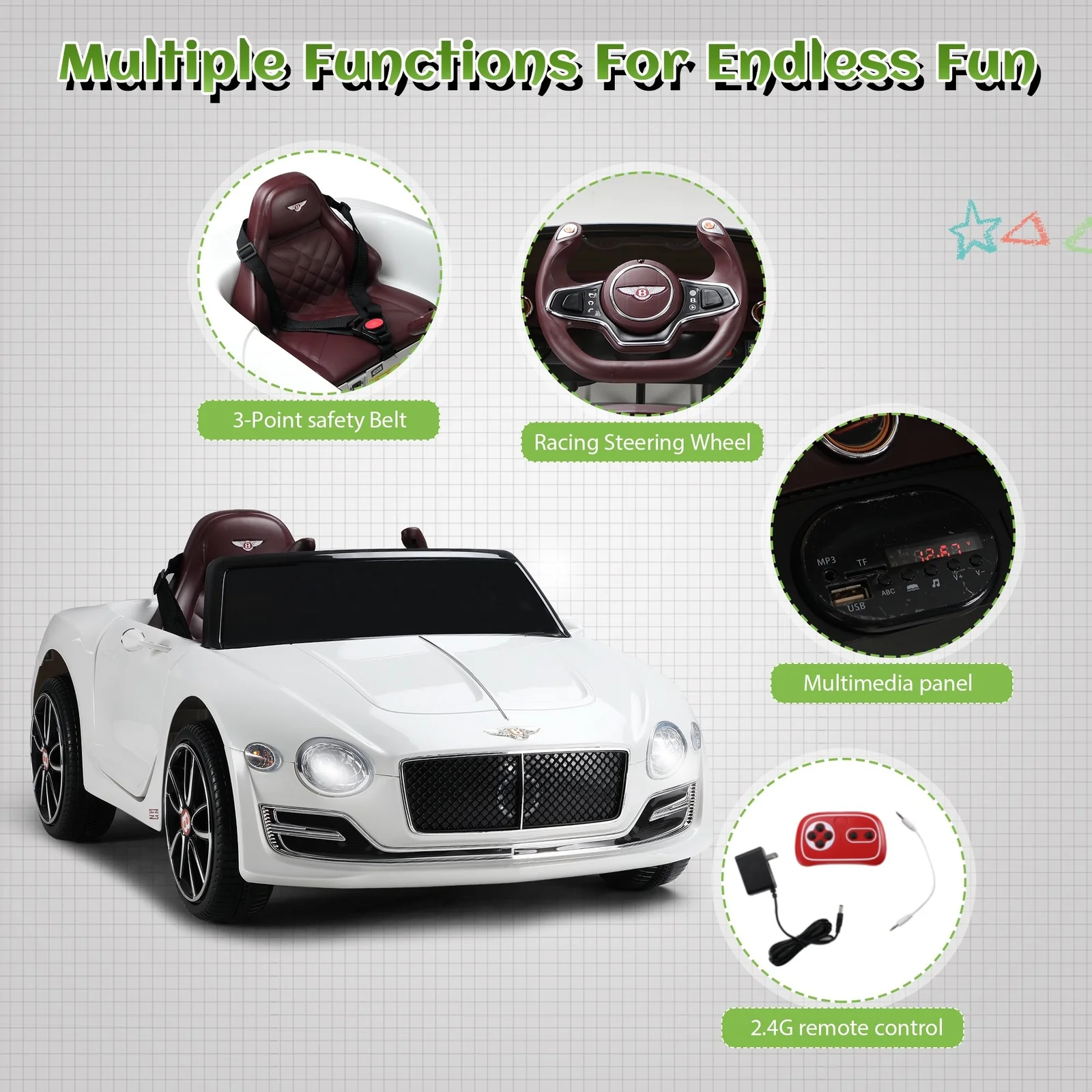 12V Kids Electric Ride-On Car Licensed Bentley with 4 Wheels, LED Lights, and Parent Remote Control - Image 3