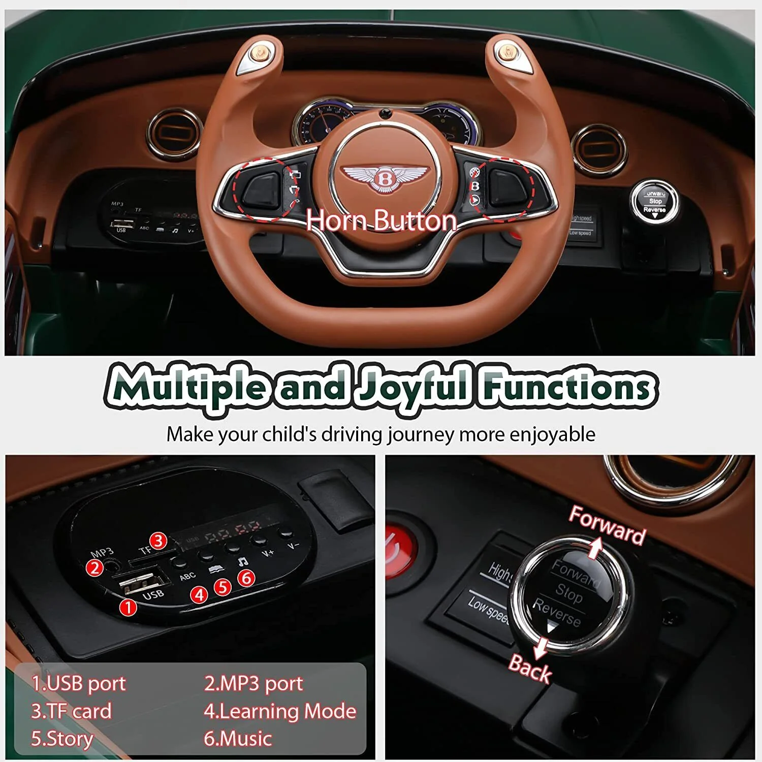 12V Kids Electric Ride on Car with Remote Control and LED Lights - Bentley Style Toy Gift - Image 5