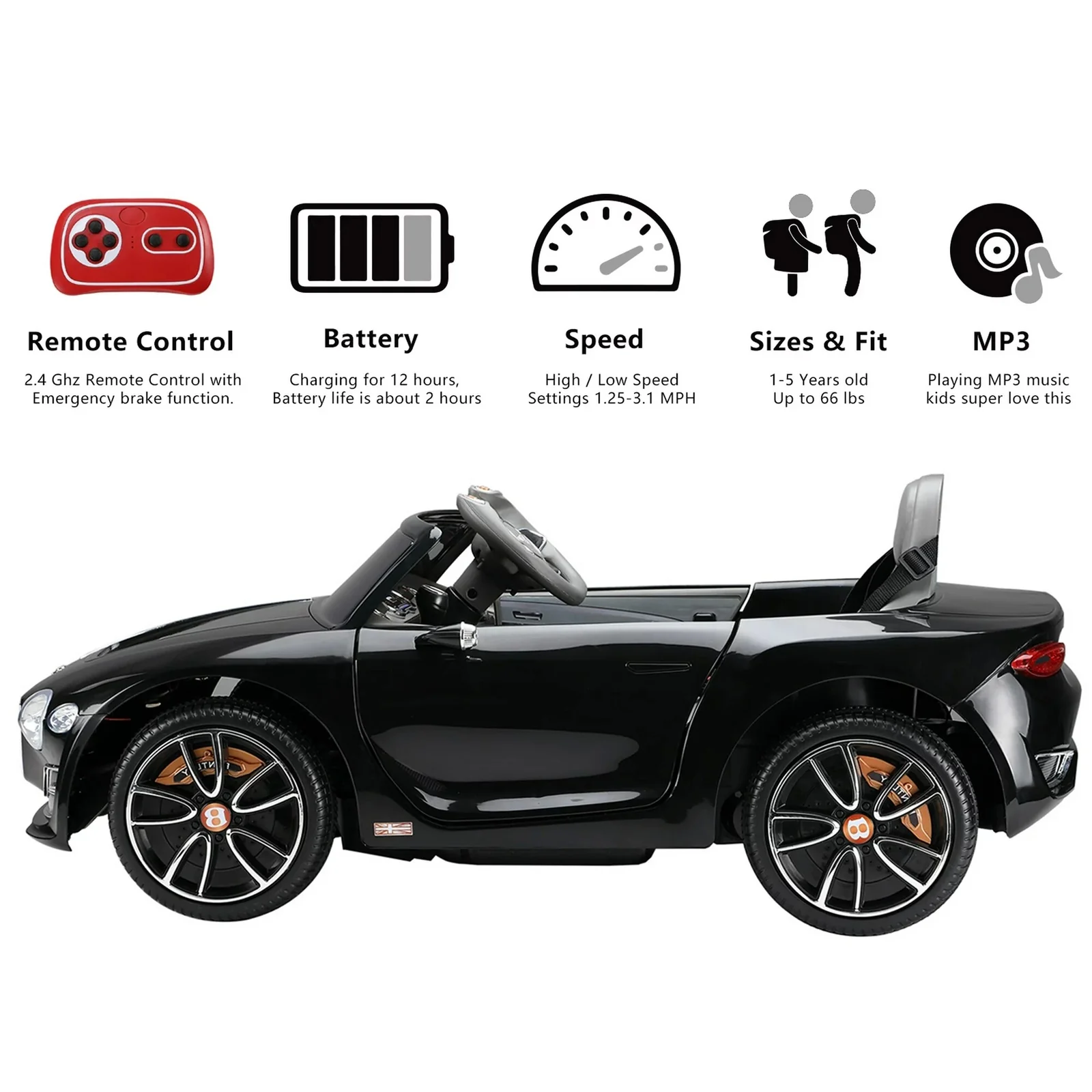 12V Kids Electric Ride-On Car Licensed Bentley Style with Remote Control and LED Lights - Image 13