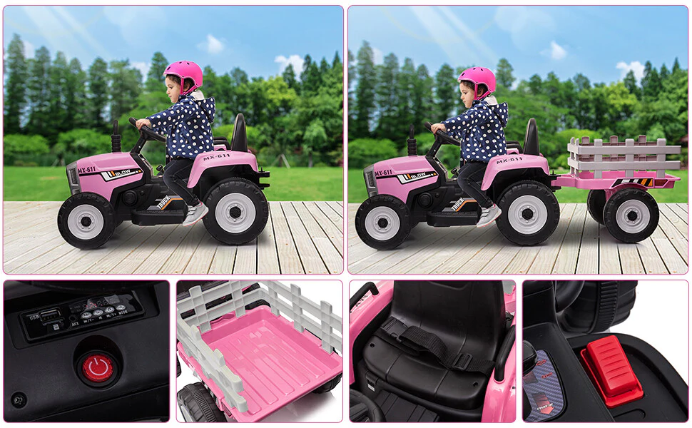 12V Kids Electric Ride-On Tractor Toy with Trailer, 3-Speed and Remote Control, 25W - Image 12