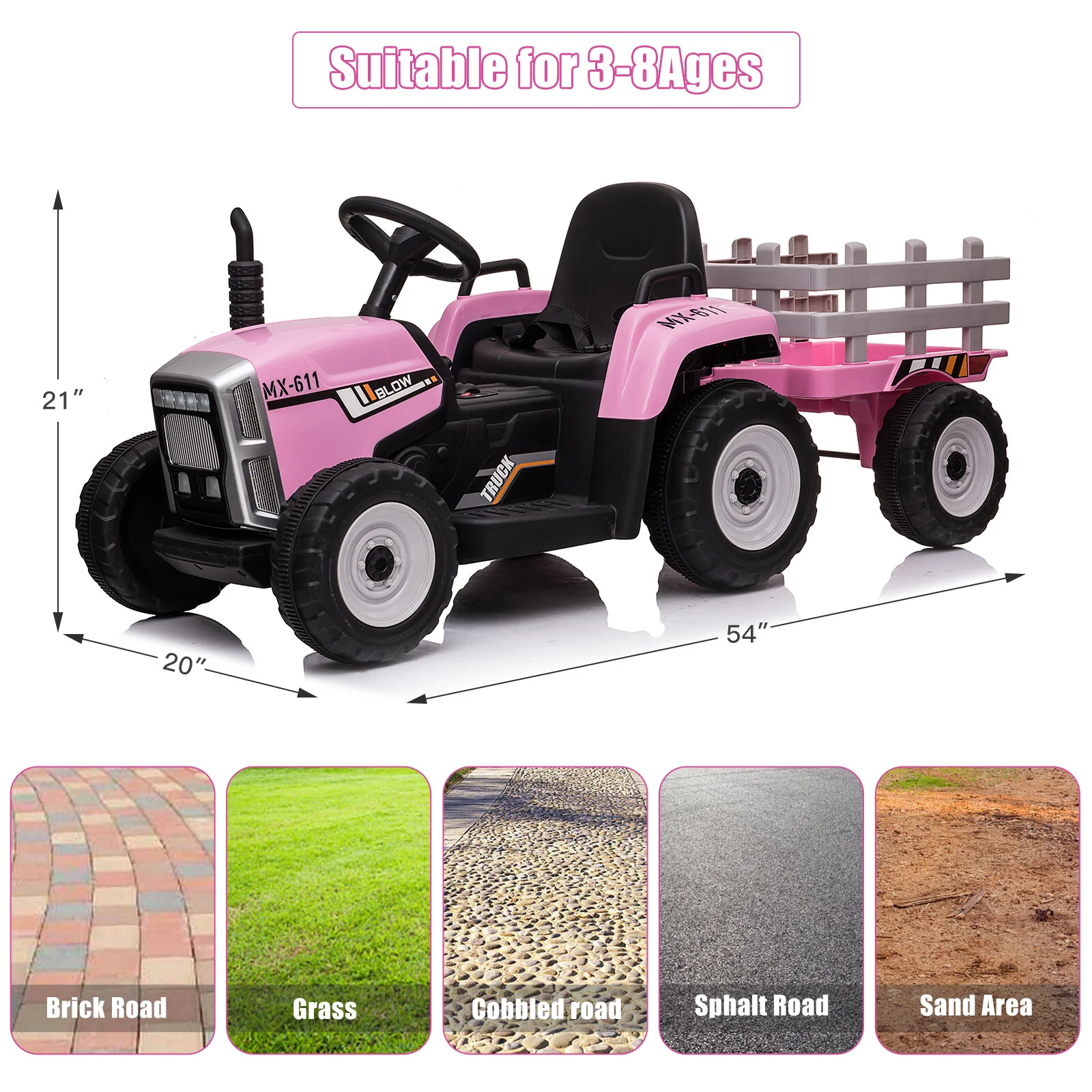12V Kids Electric Ride-On Tractor Toy with Trailer, 3-Speed and Remote Control, 25W - Image 9