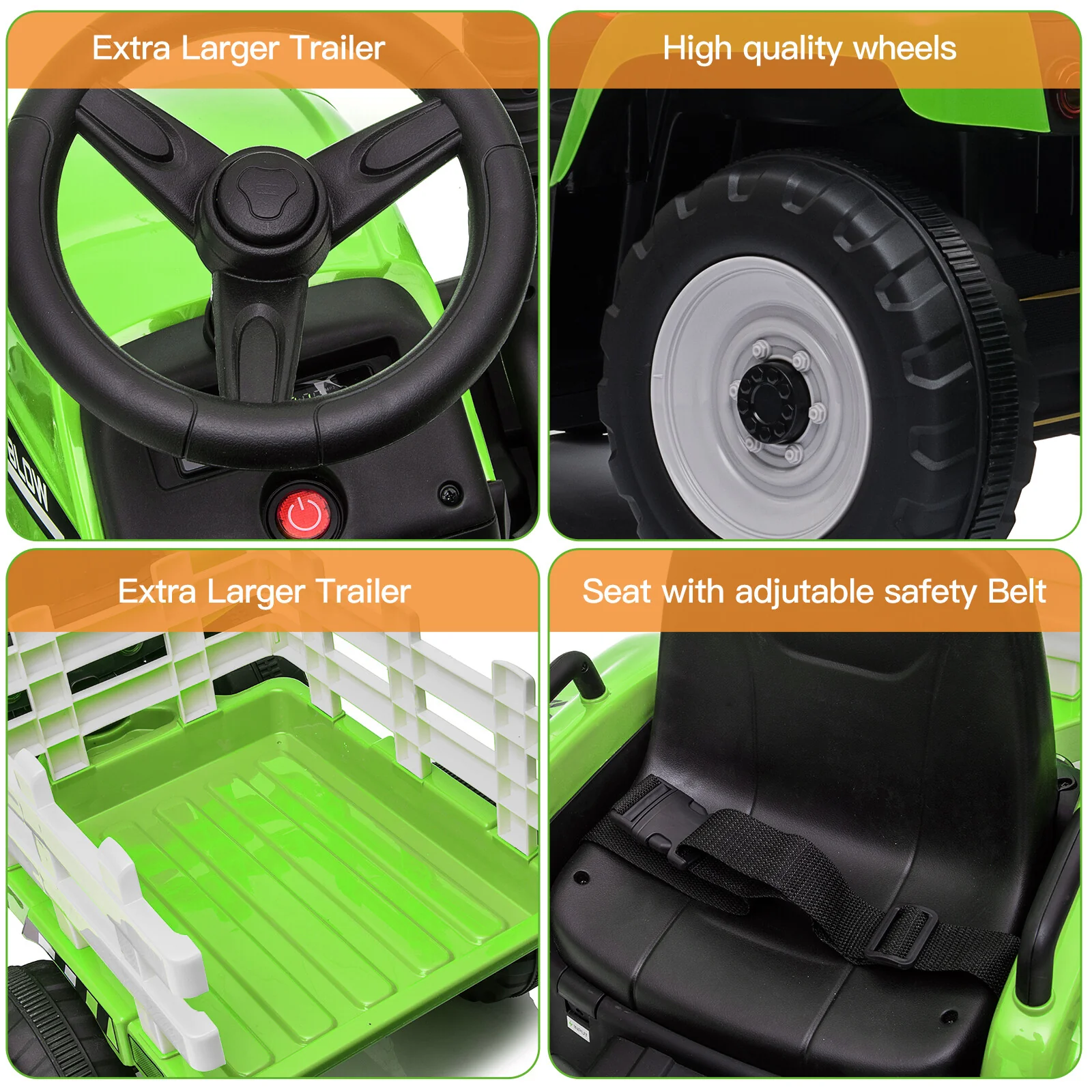 12V Kids Electric Ride-On Tractor Toy with Trailer and 3-Speed Remote Control - Image 3