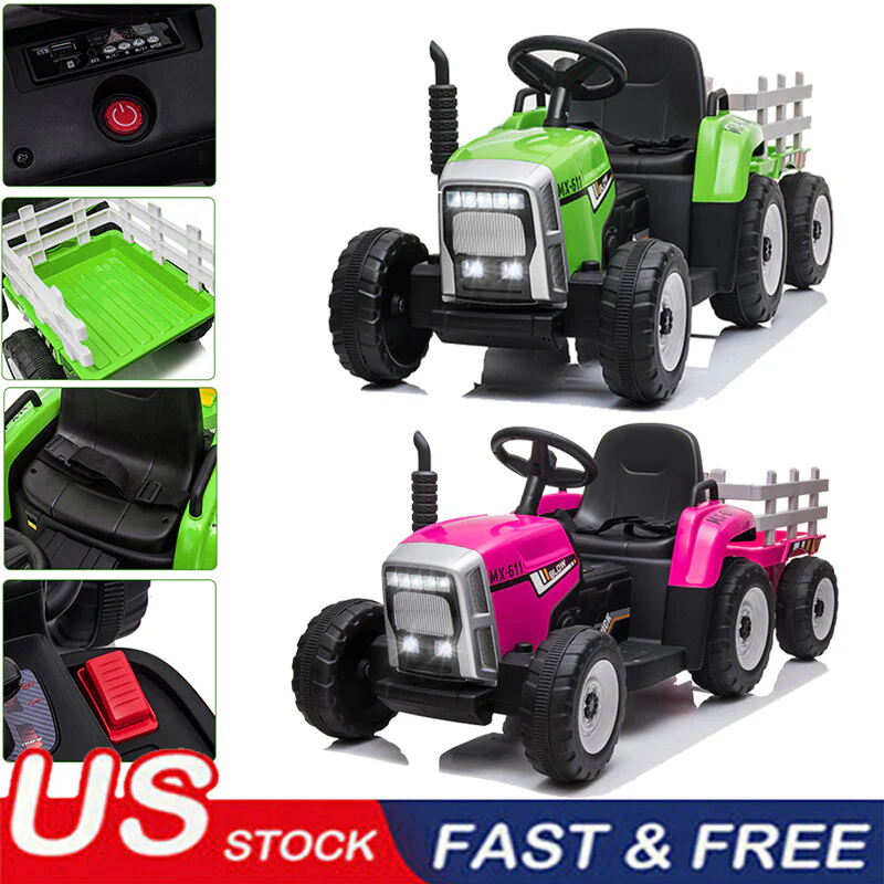 12V Kids Electric Ride On Tractor with Trailer, Battery Powered Toy Car with Remote Control - Image 2