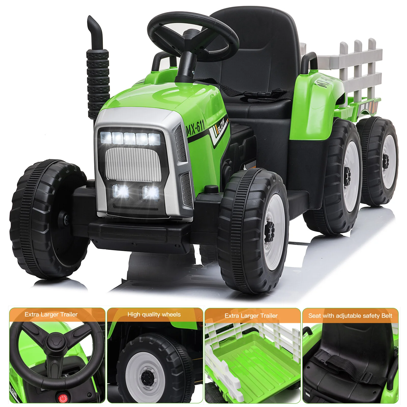 12V Kids Electric Ride-On Tractor with Trailer and Remote Control Green Toddler Car Toy - Image 13