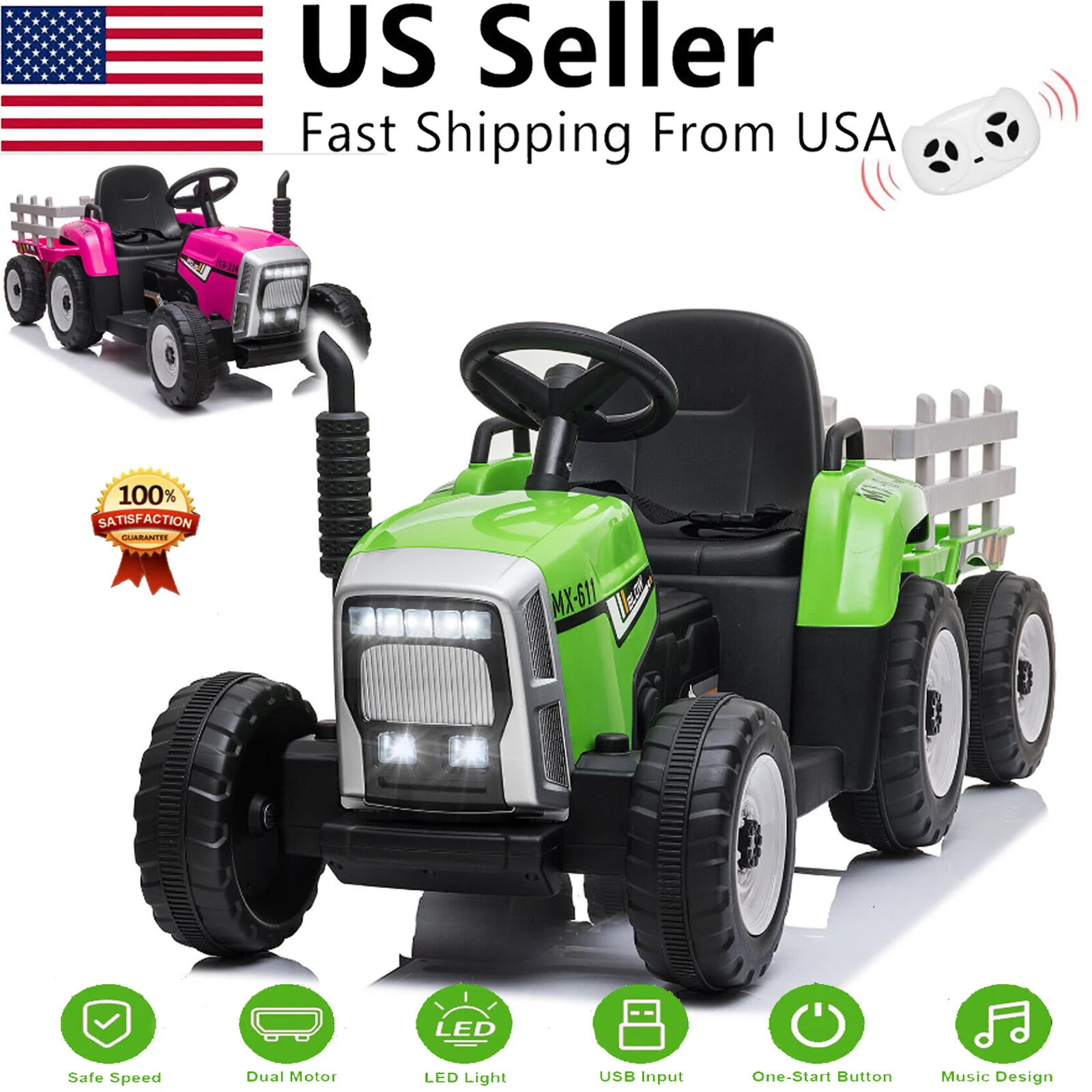 12V Kids Electric Ride-On Tractor with Trailer and Remote Control - Image 2