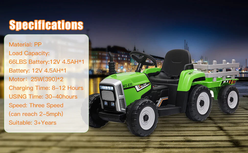 12V Electric Kids Tractor with Trailer Toddler Ride-On Car Remote Control and LED Lights - Image 15