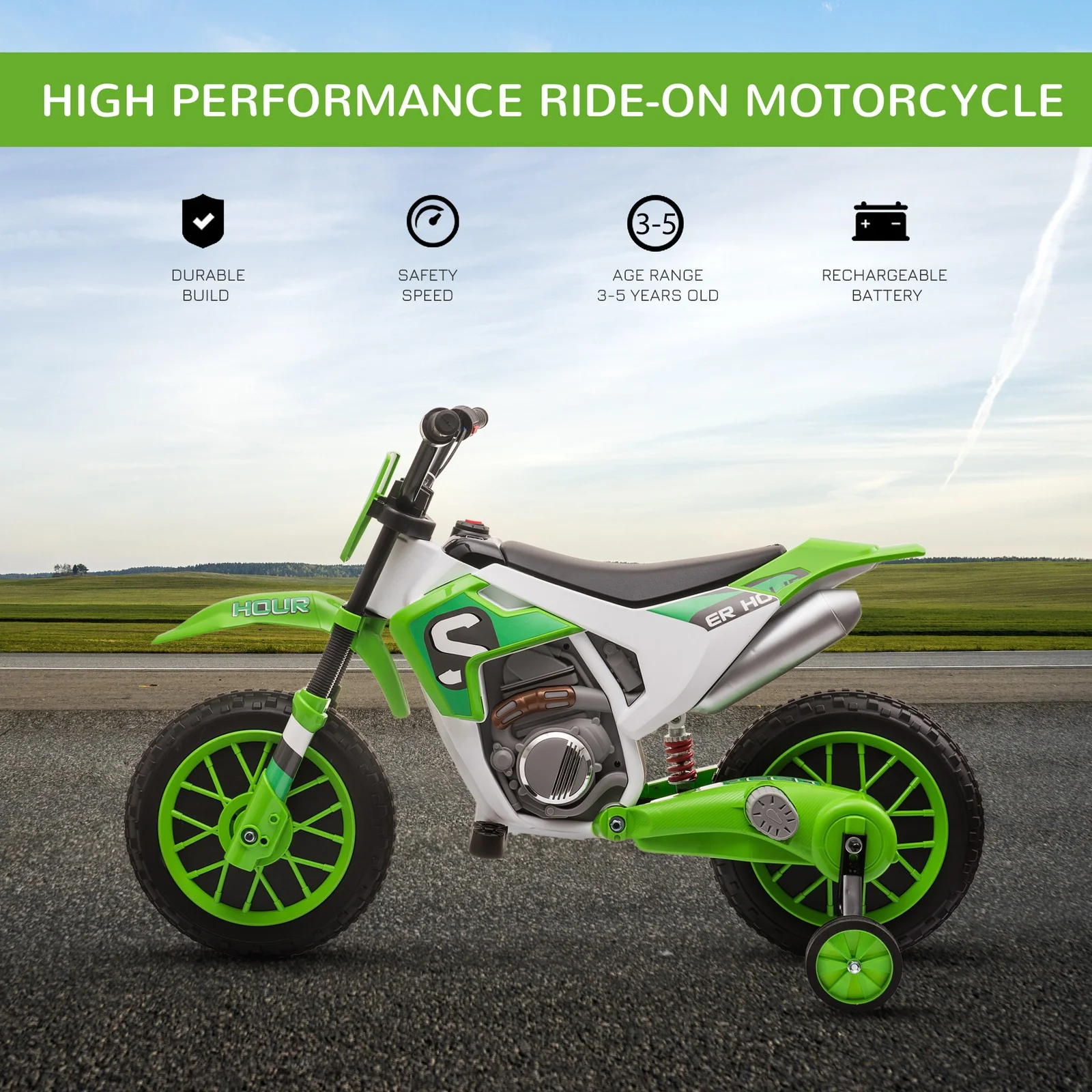 12V Kids Electric Off-Road Motorcycle Ride-On Bike Green - Image 5