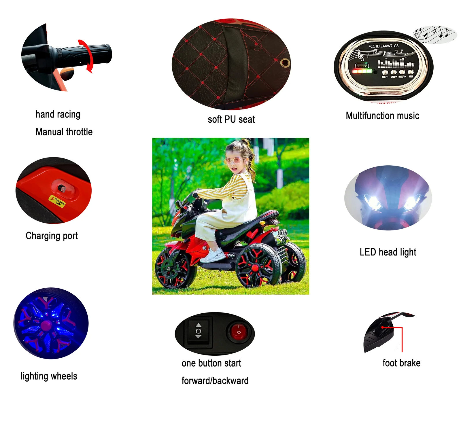 12V Rechargeable Battery-Powered Kids 3-Wheel Ride-On Motorcycle Toy - Image 7
