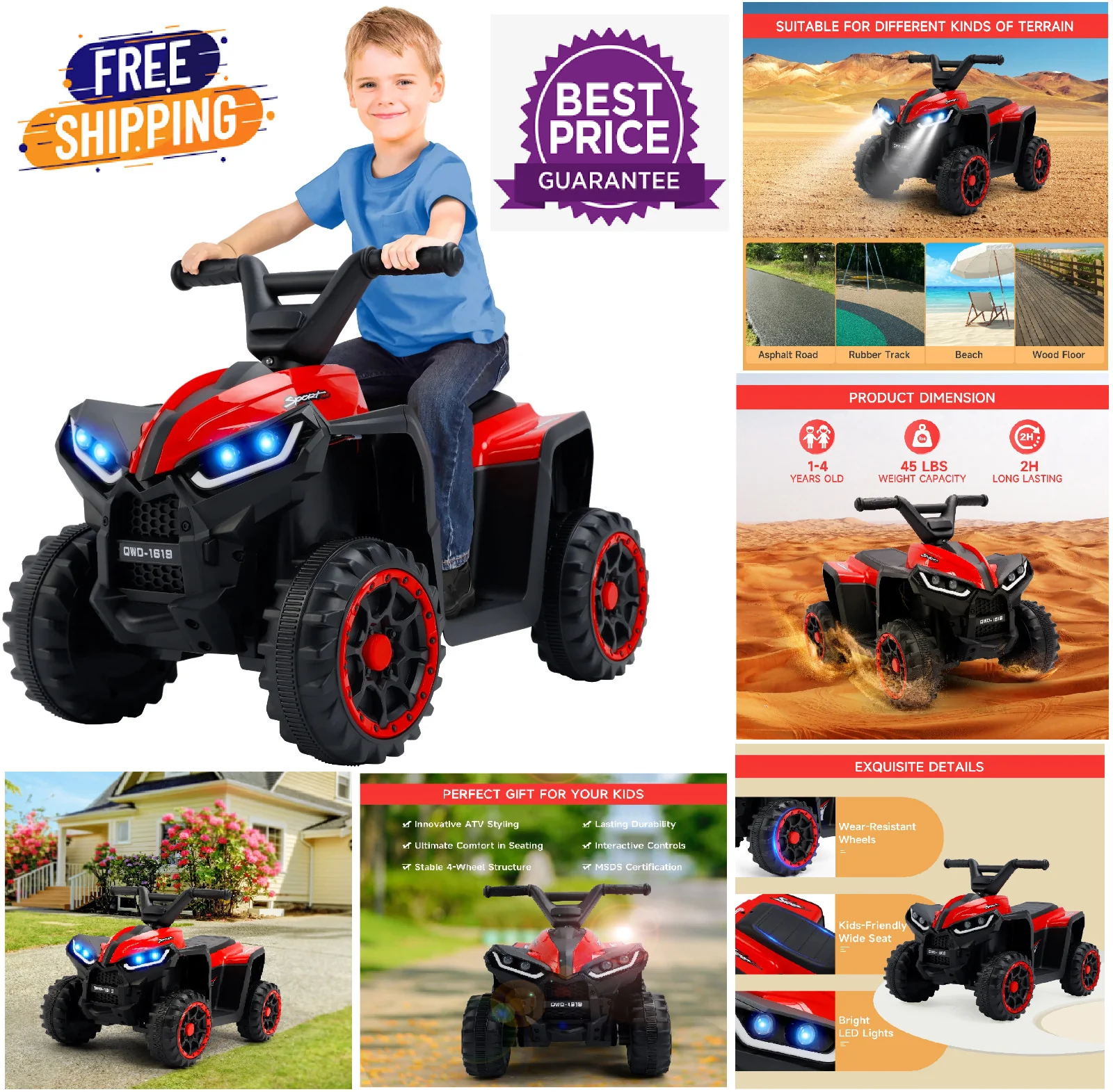 12V Electric Kids Off-Road 4-Wheeler ATV Ride-On Car for Ages 1-4