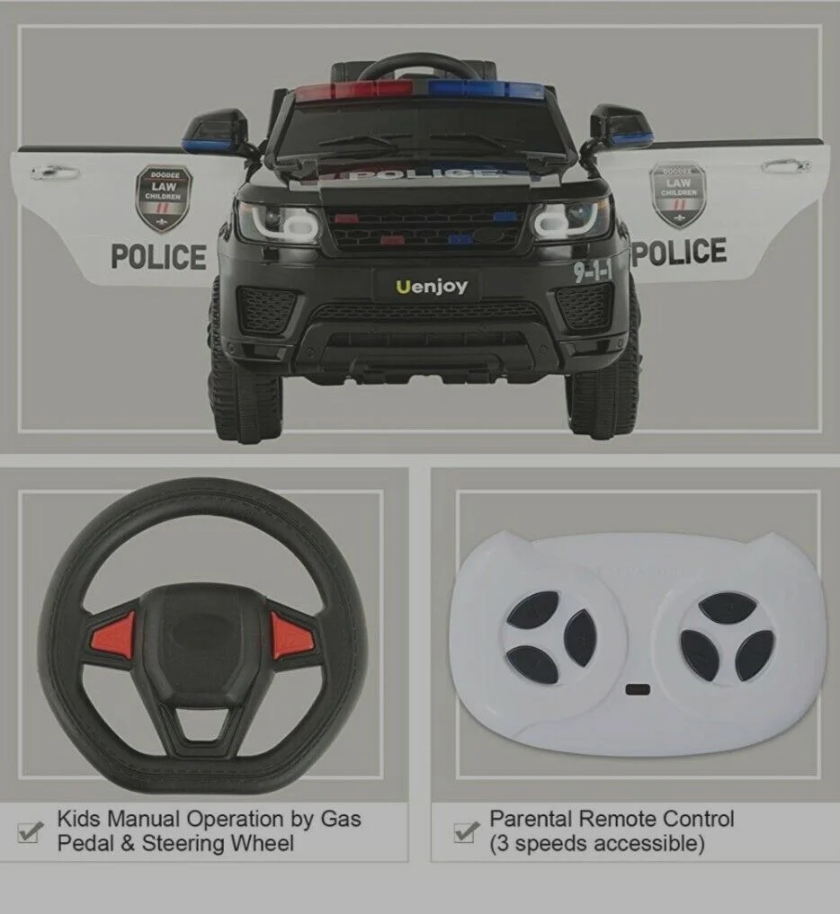 12V Kids Police Car SUV with Remote Control, Sirens, Megaphone, Lights, and Doors - AUX Compatible - Image 9