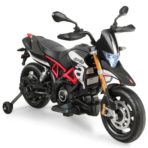 12V Kids Ride-On Aprilia Motorcycle with Training Wheels - Black
