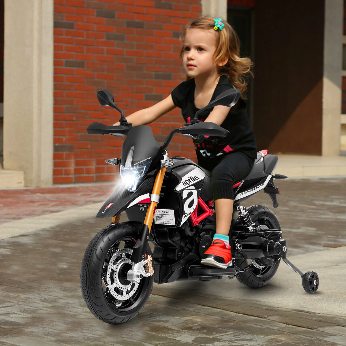 12V Kids Ride-On Aprilia Motorcycle with Training Wheels - Black - Image 5