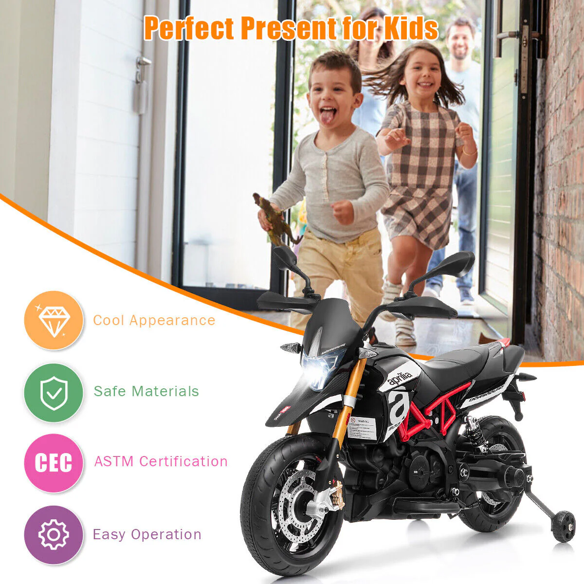 12V Kids Ride-On Aprilia Motorcycle with Training Wheels - Black - Image 6