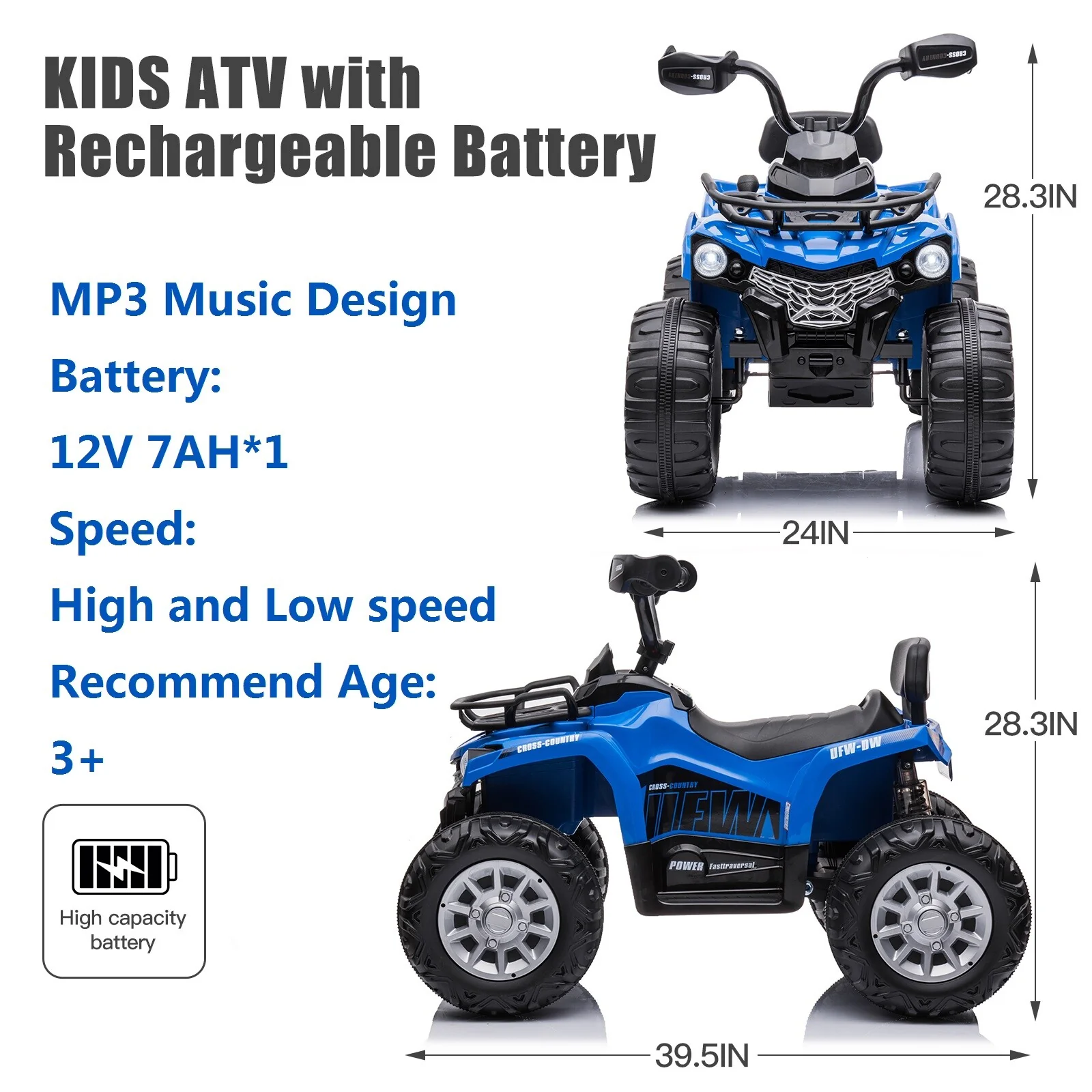 12V Electric Kids Ride-On ATV 4-Wheeler Quad with 2 Speeds, MP3 Player, and Headlights - Blue - Image 9
