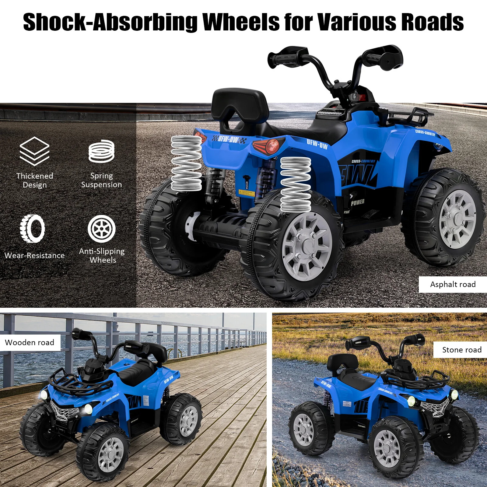12V Electric Kids Ride-On ATV 4 Wheeler Quad with 2 Speeds, MP3, and Headlights - Blue - Image 6