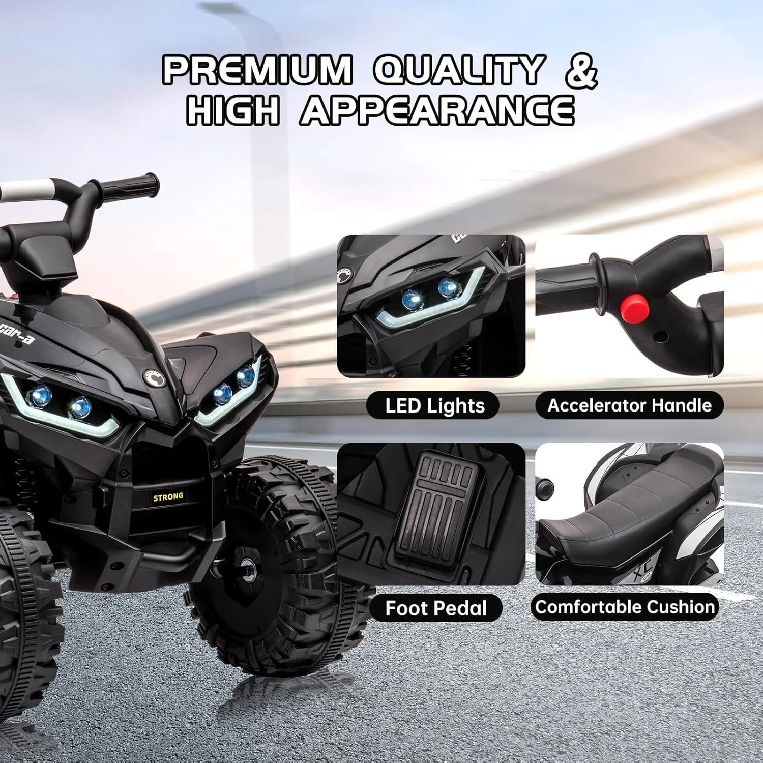 12V Electric Kids Ride-On 4 Wheeler ATV Quad Vehicle with Remote Control and Headlight Black - Image 5