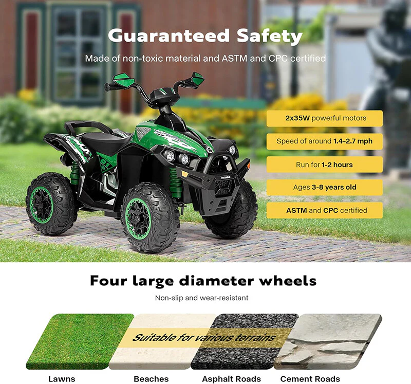 12V Kids Ride-On ATV with High/Low Speed, 2.7 MPH Max, LED Lights, Music, and Horn - Image 4